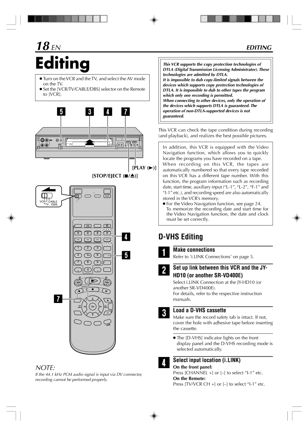 JVC SR-VD400E manual 18 EN, VHS Editing, Select input location i.LINK, STOP/EJECT 7 