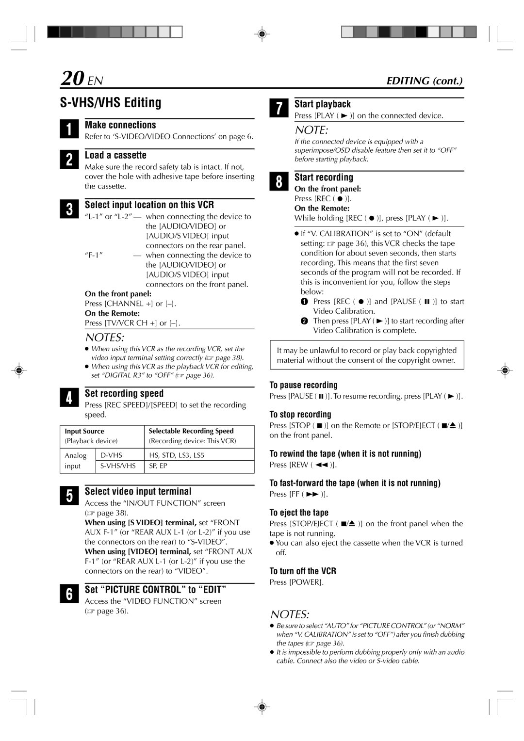 JVC SR-VD400E manual 20 EN, VHS/VHS Editing, Select input location on this VCR, Select video input terminal 