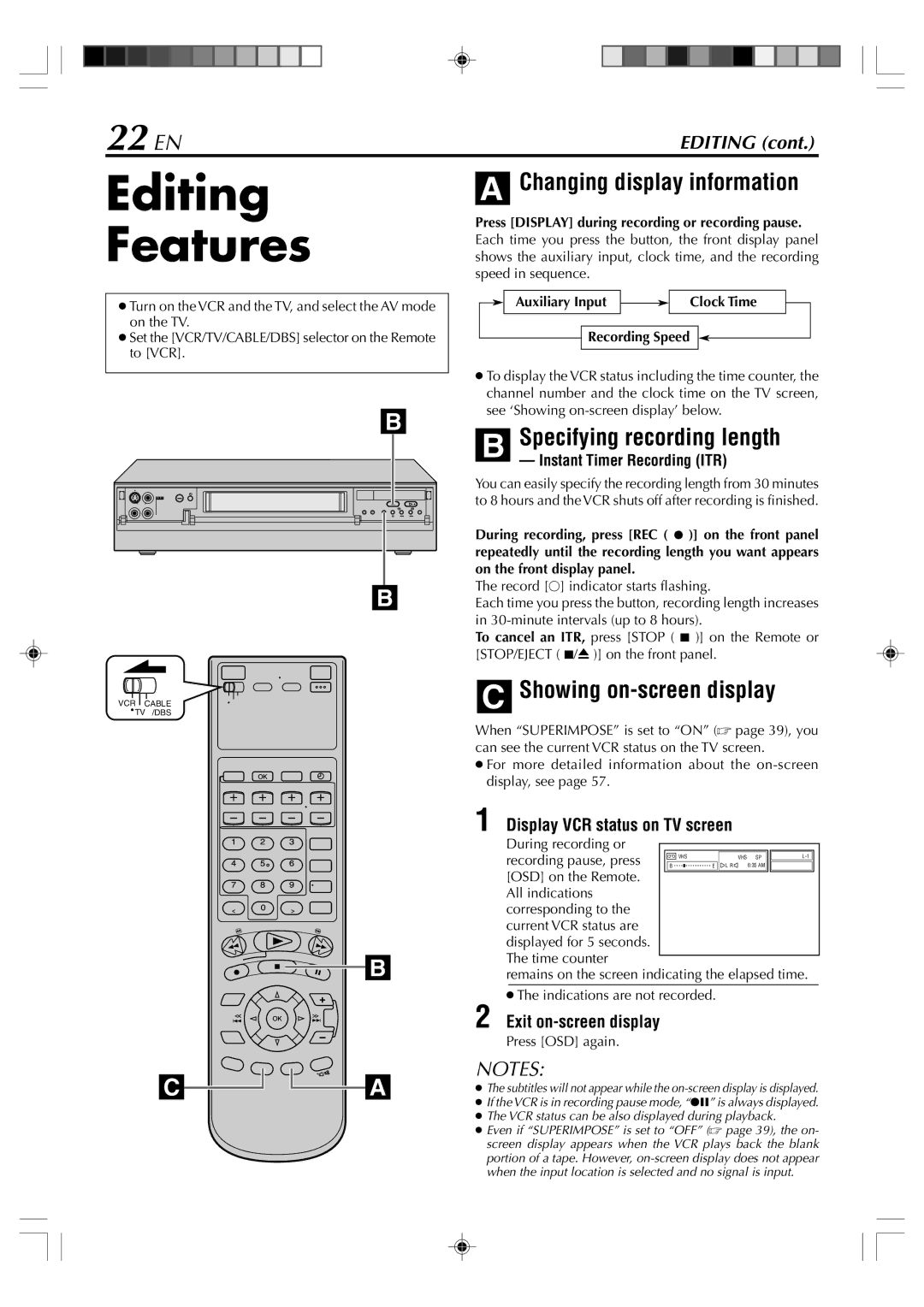 JVC SR-VD400E manual Editing Features, 22 EN, Changing display information, Specifying recording length 