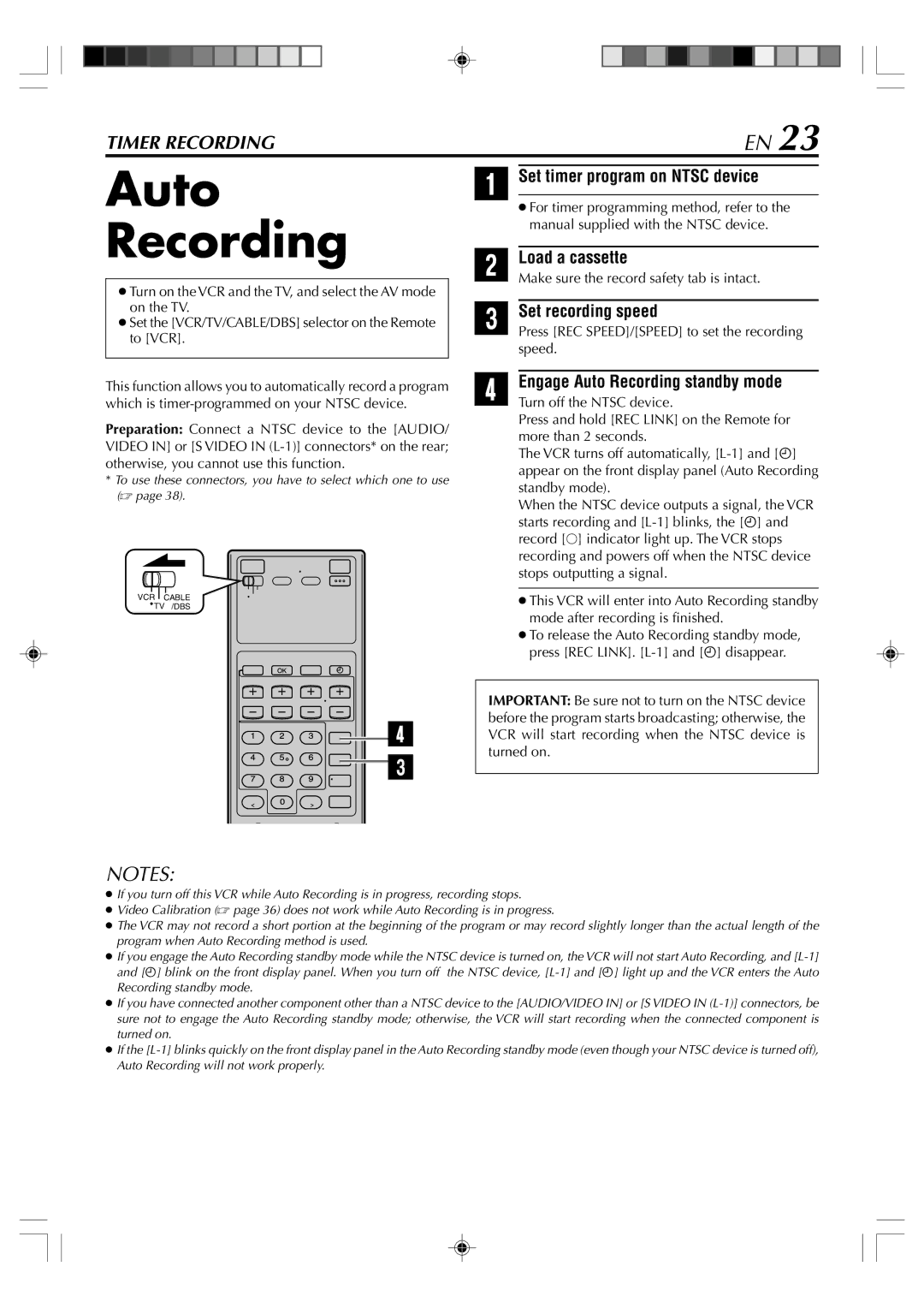 JVC SR-VD400E manual Set timer program on Ntsc device, Engage Auto Recording standby mode 