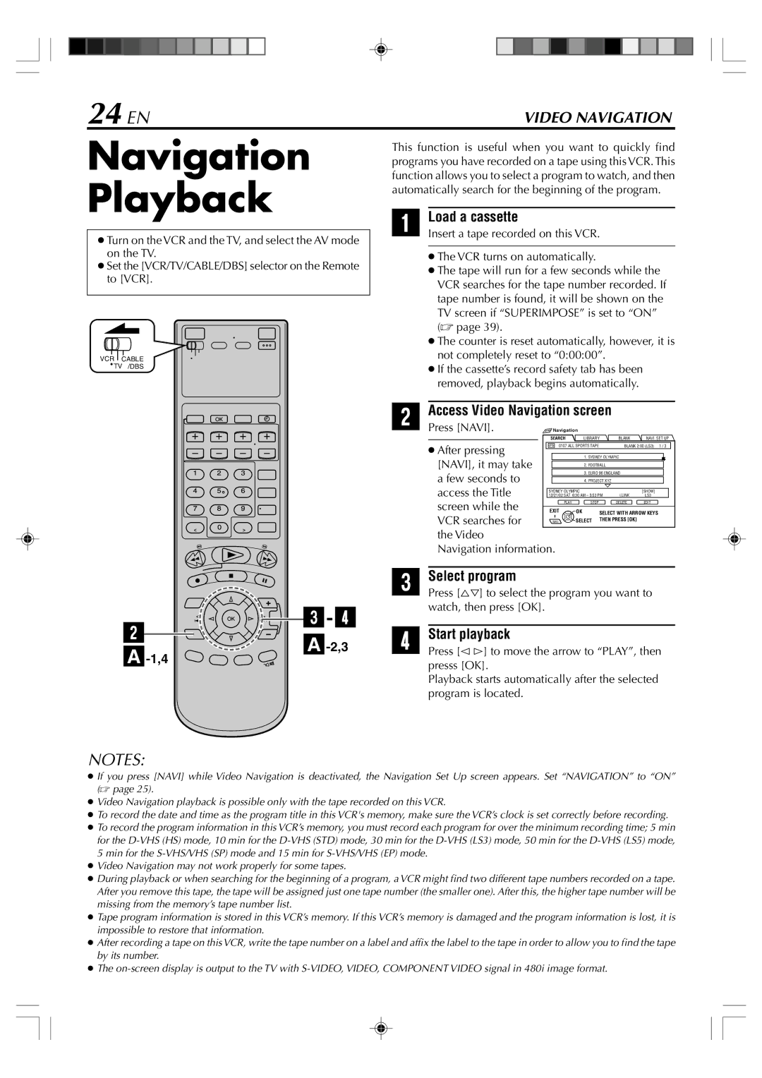 JVC SR-VD400E manual Navigation Playback, 24 EN, Access Video Navigation screen, Select program 