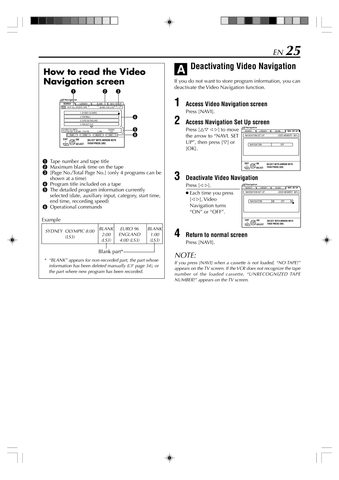 JVC SR-VD400E manual Deactivating Video Navigation, Access Navigation Set Up screen, Deactivate Video Navigation 