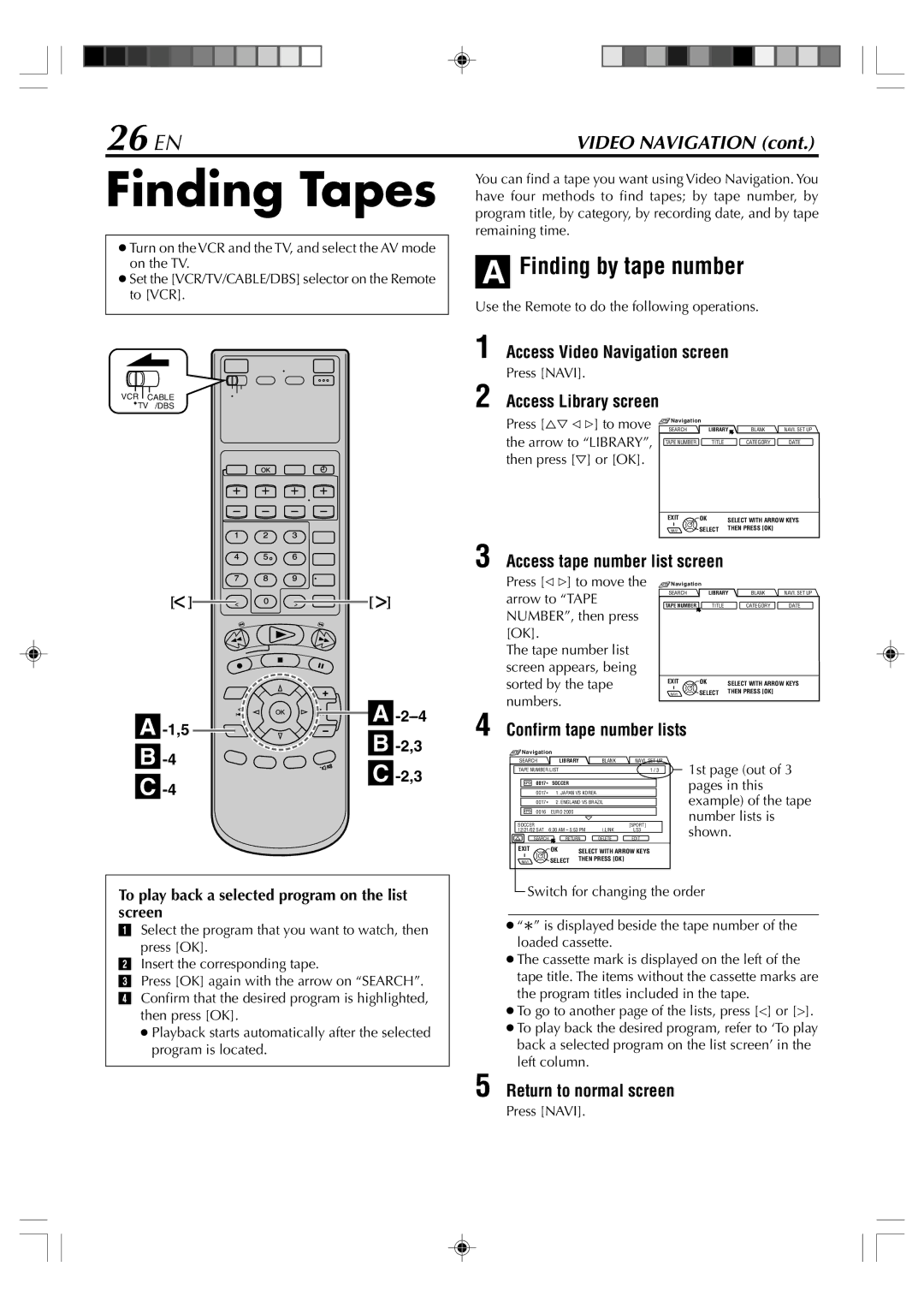 JVC SR-VD400E manual Finding Tapes, 26 EN, Finding by tape number 