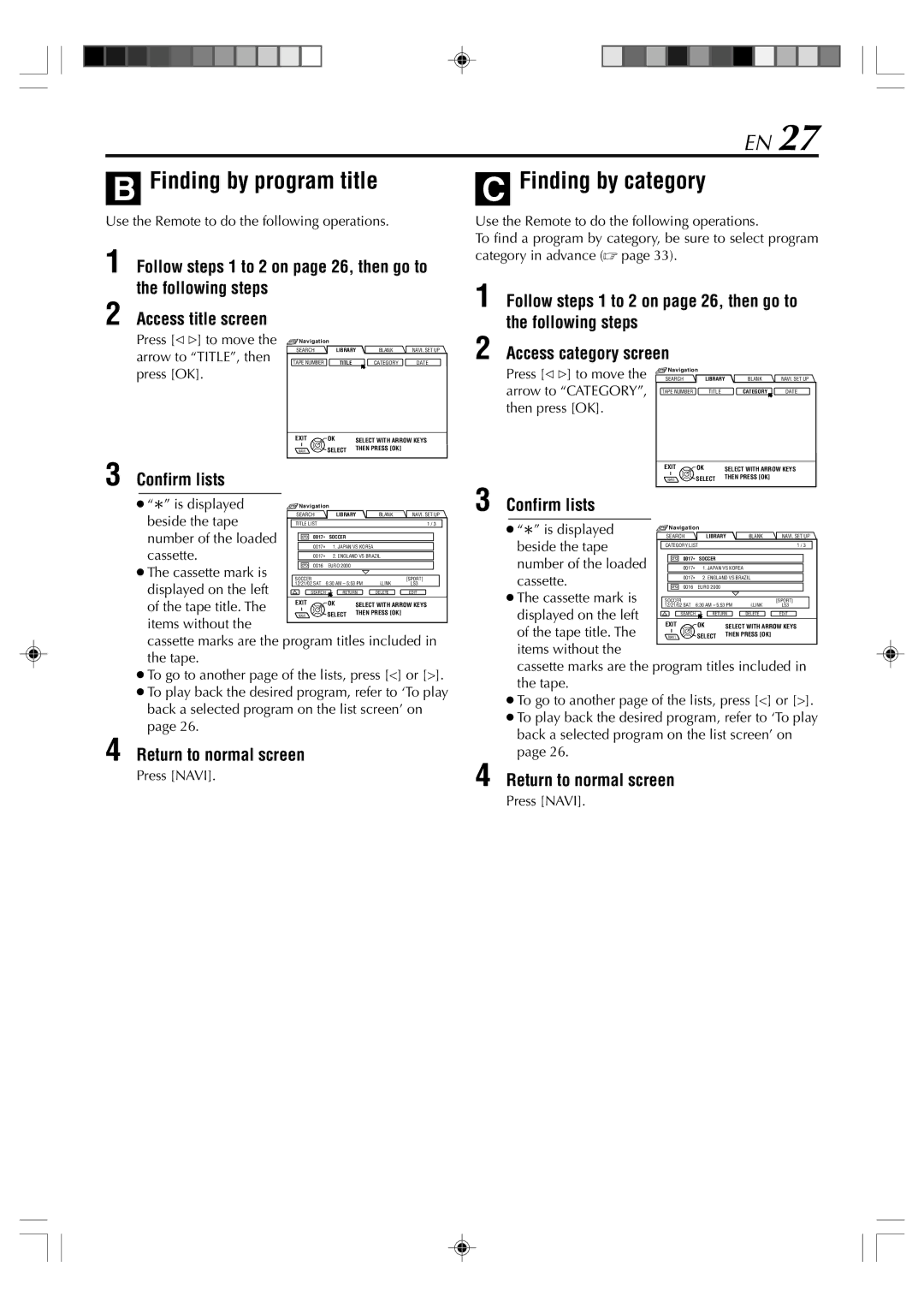 JVC SR-VD400E manual Finding by program title, Finding by category, Confirm lists 