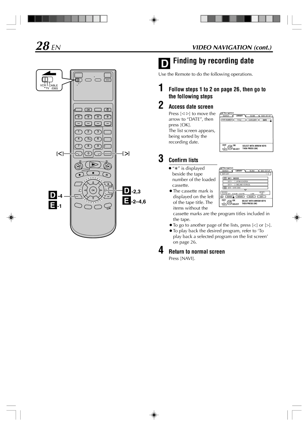 JVC SR-VD400E manual 28 EN, Finding by recording date, Confirm lists 