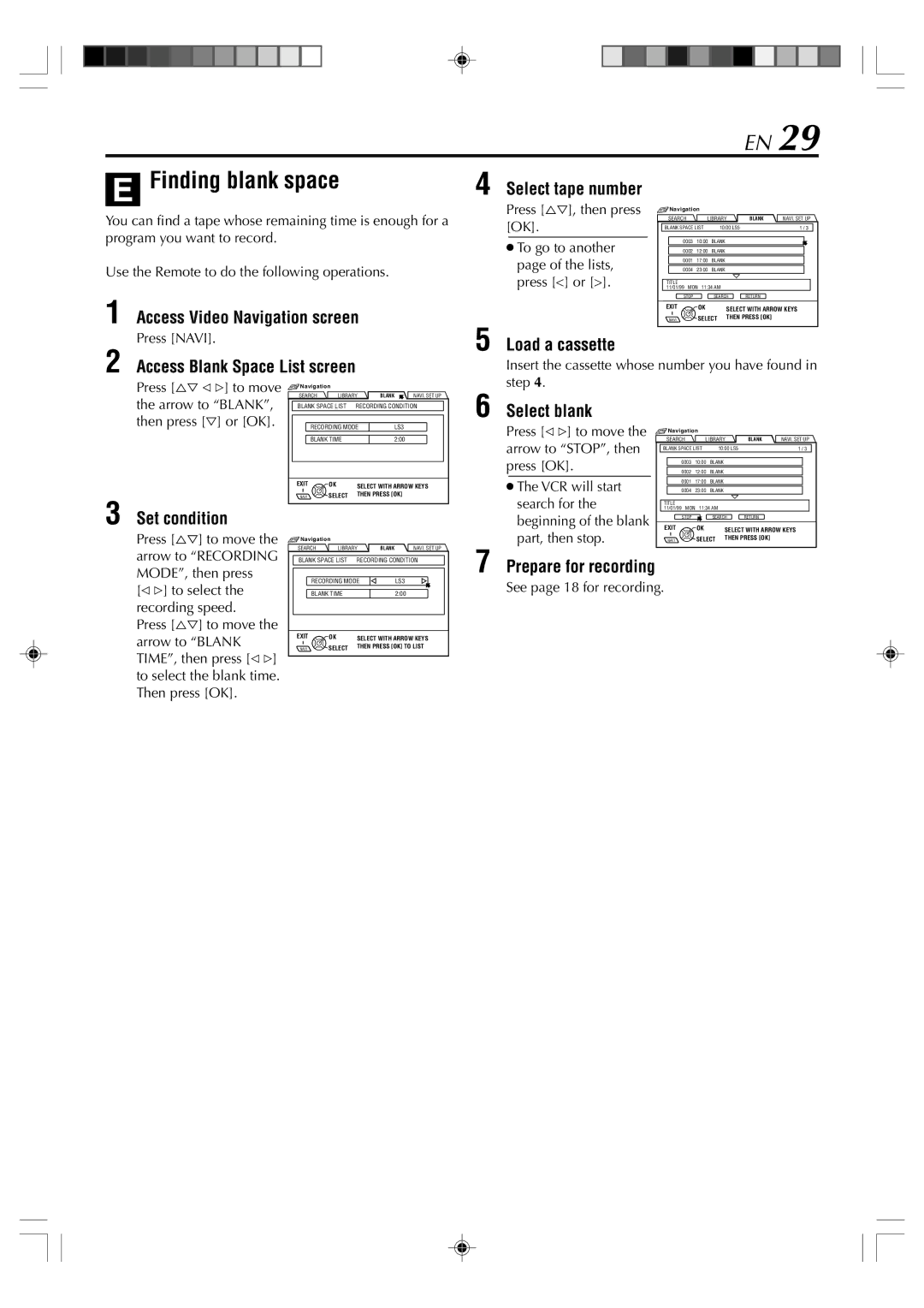 JVC SR-VD400E manual Finding blank space, Access Blank Space List screen, Set condition Select blank, Prepare for recording 