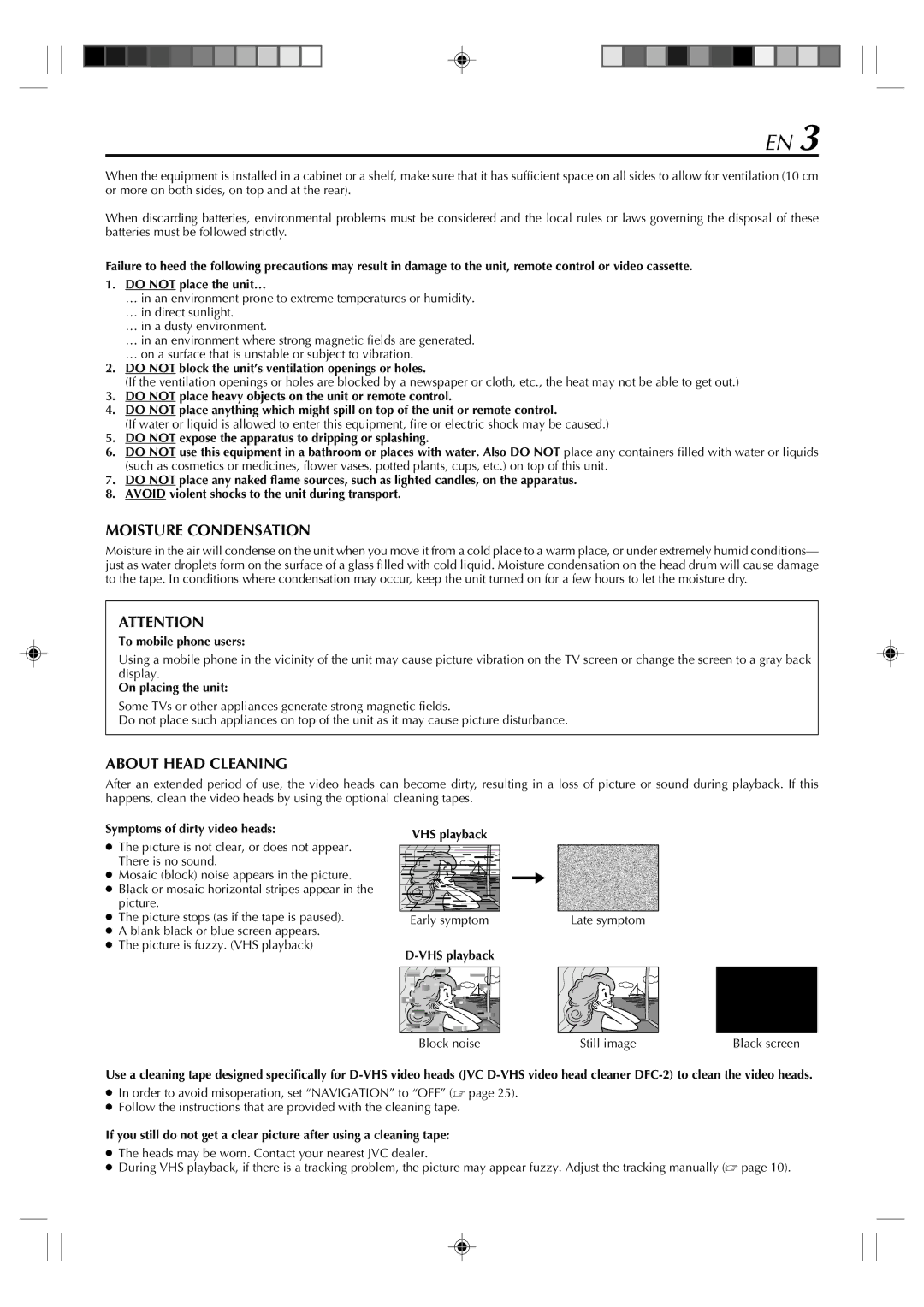 JVC SR-VD400E manual Do not block the unit’s ventilation openings or holes, To mobile phone users, On placing the unit 