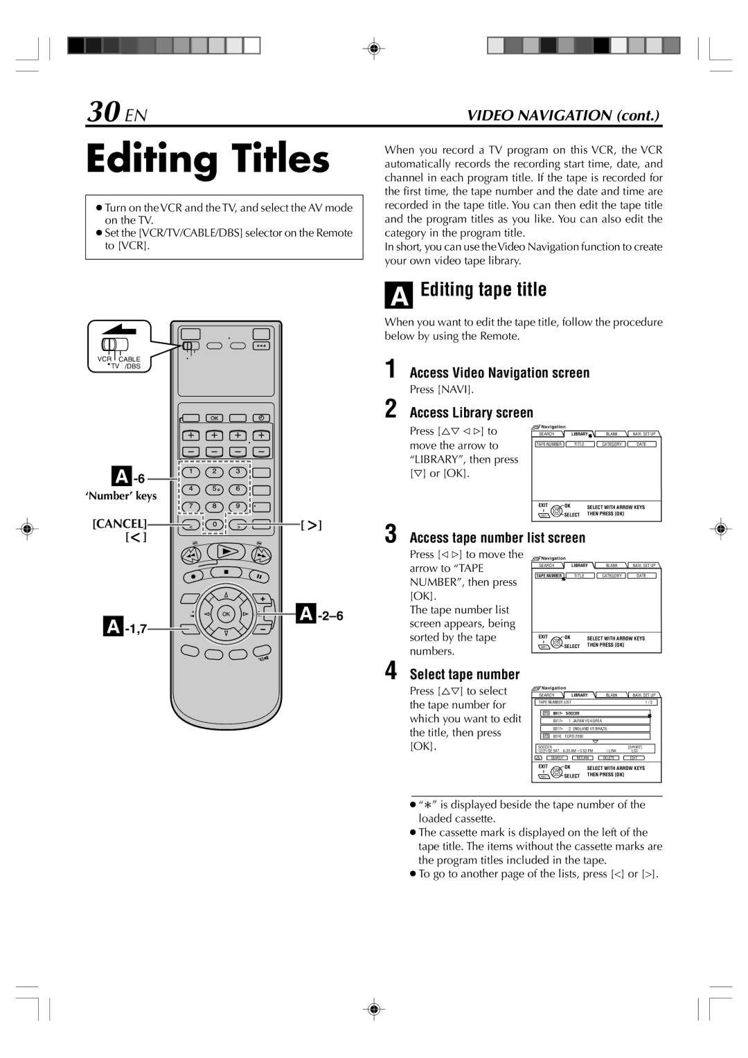 JVC SR-VD400E manual Editing Titles, 30 EN, Editing tape title 