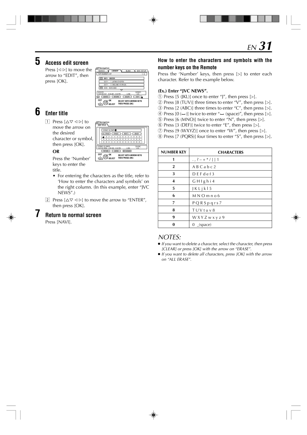 JVC SR-VD400E manual Enter title, Access edit screen, Ex. Enter JVC News, Press the ‘Number’, Keys to enter Title 