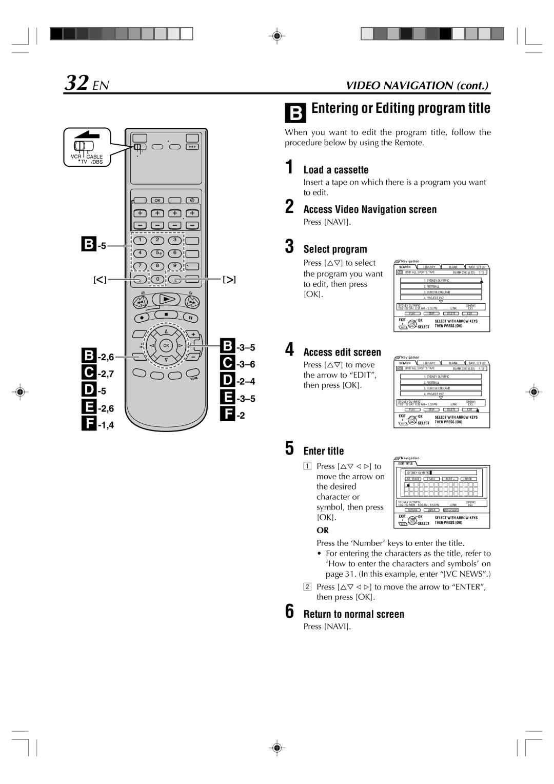 JVC SR-VD400E manual 32 EN, Entering or Editing program title 