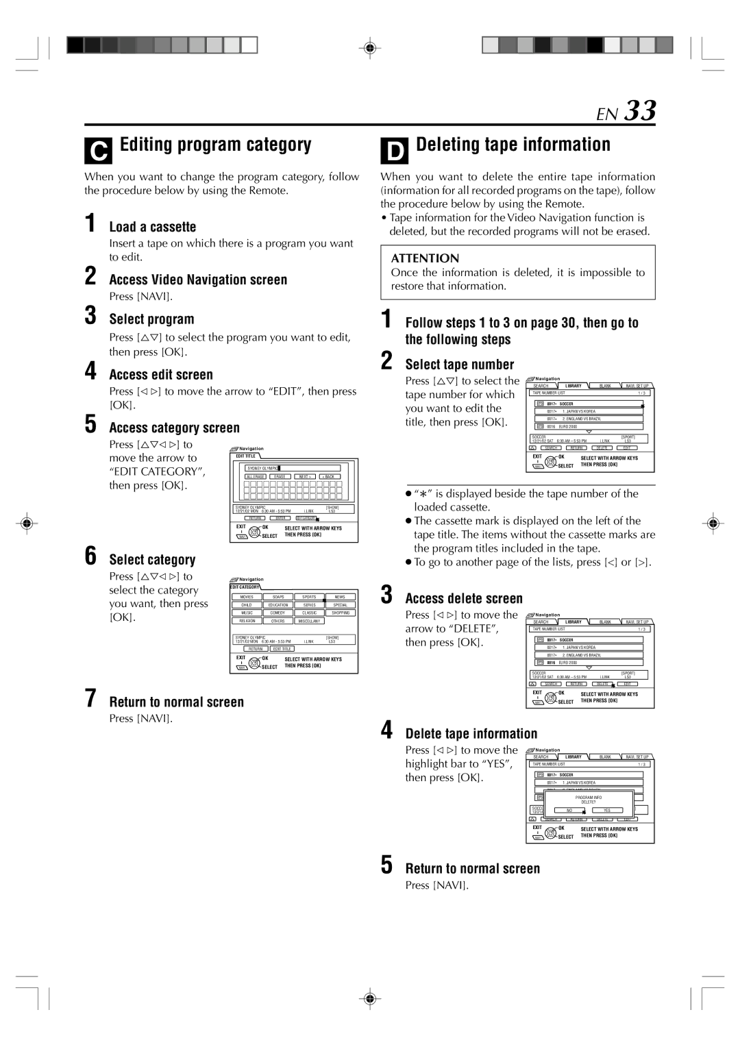 JVC SR-VD400E manual Editing program category, Deleting tape information 