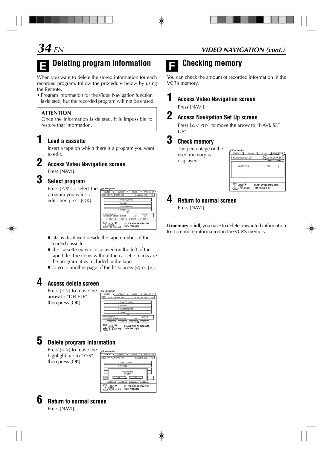 JVC SR-VD400E manual 34 EN, Deleting program information, Checking memory, Delete program information, Check memory 