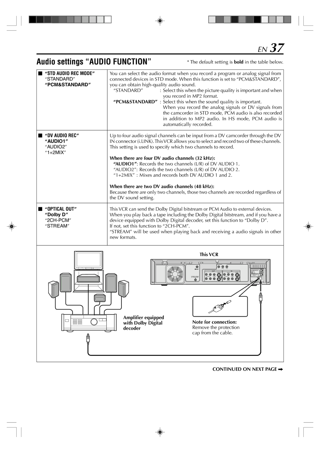 JVC SR-VD400E manual Audio settings Audio Function, Òstandardó, When there are four DV audio channels 32 kHz 