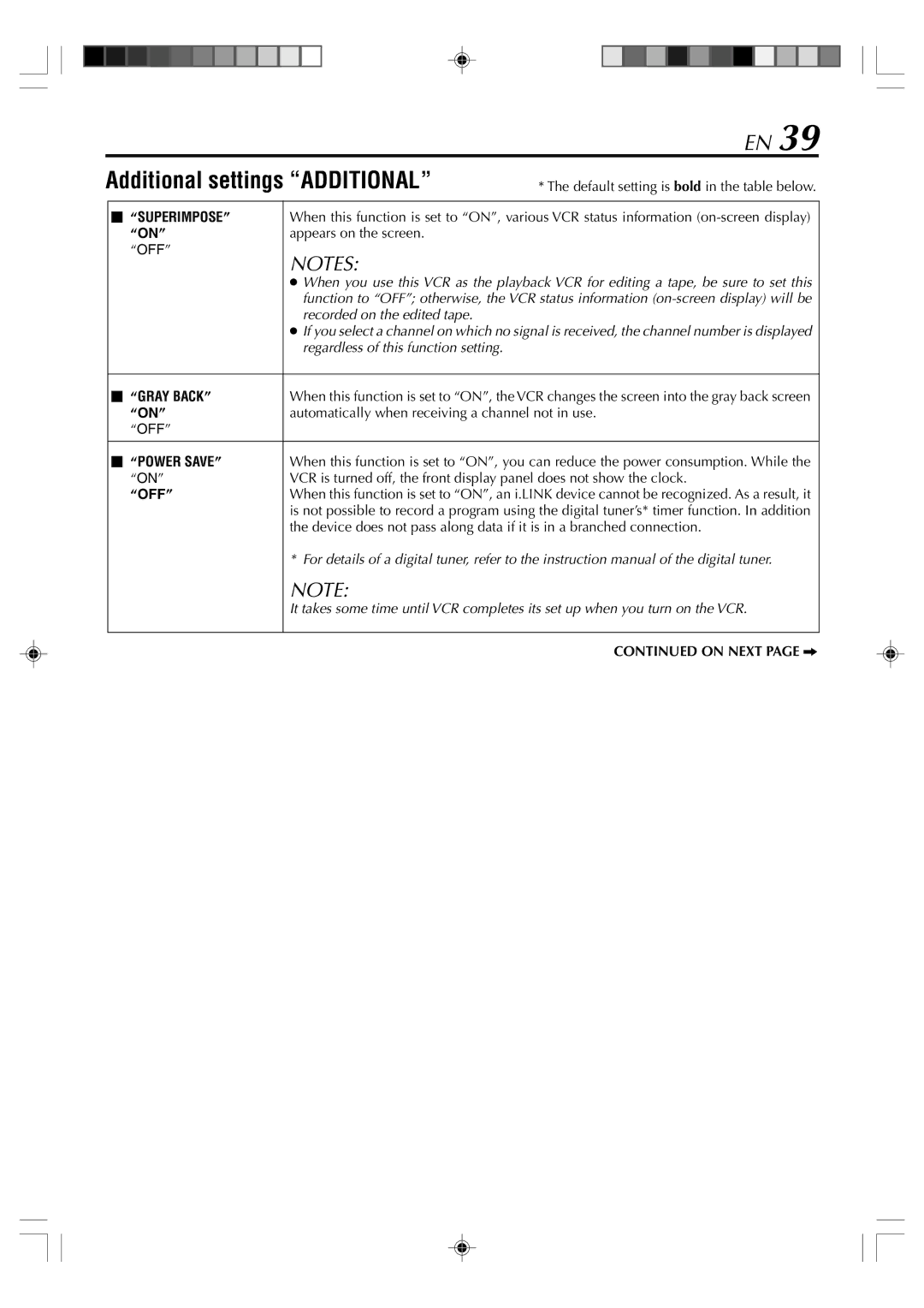 JVC SR-VD400E Additional settings Additional, Appears on the screen, Automatically when receiving a channel not in use 