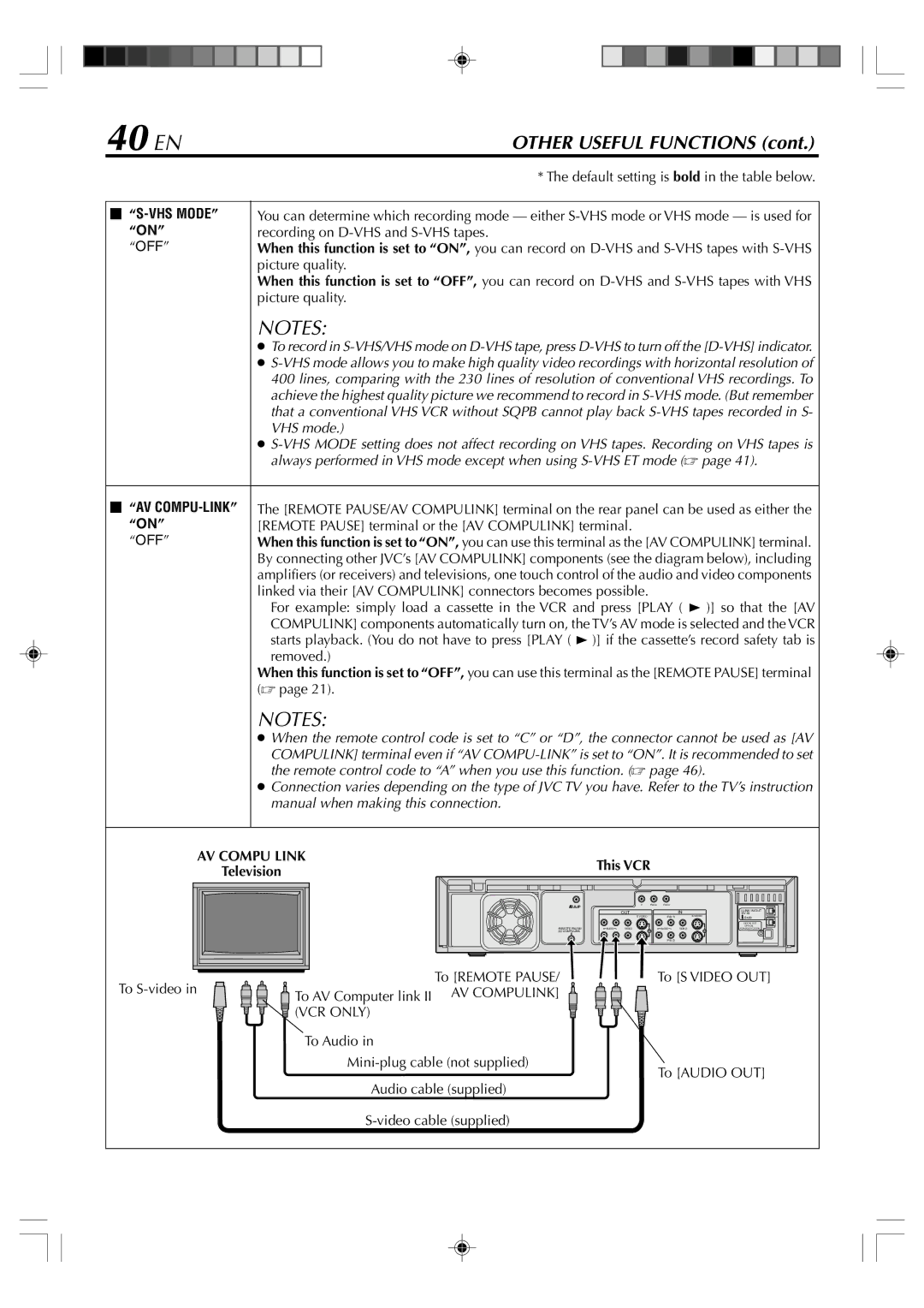 JVC SR-VD400E manual 40 EN, VCR only 