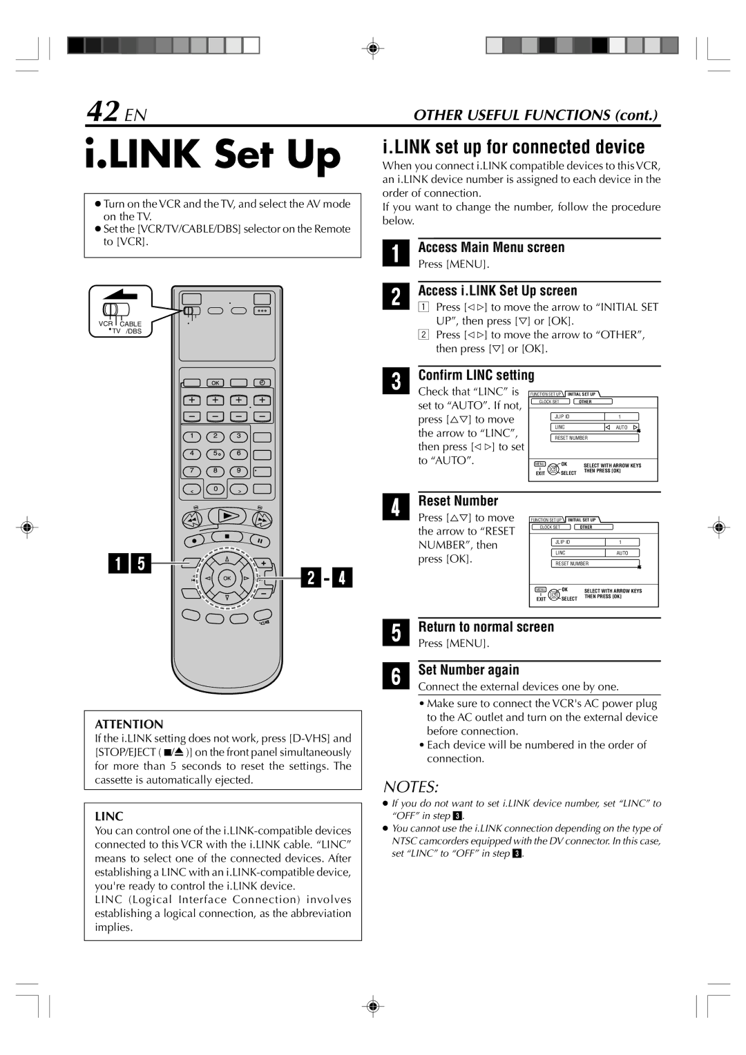 JVC SR-VD400E manual Link Set Up, 42 EN, Link set up for connected device 