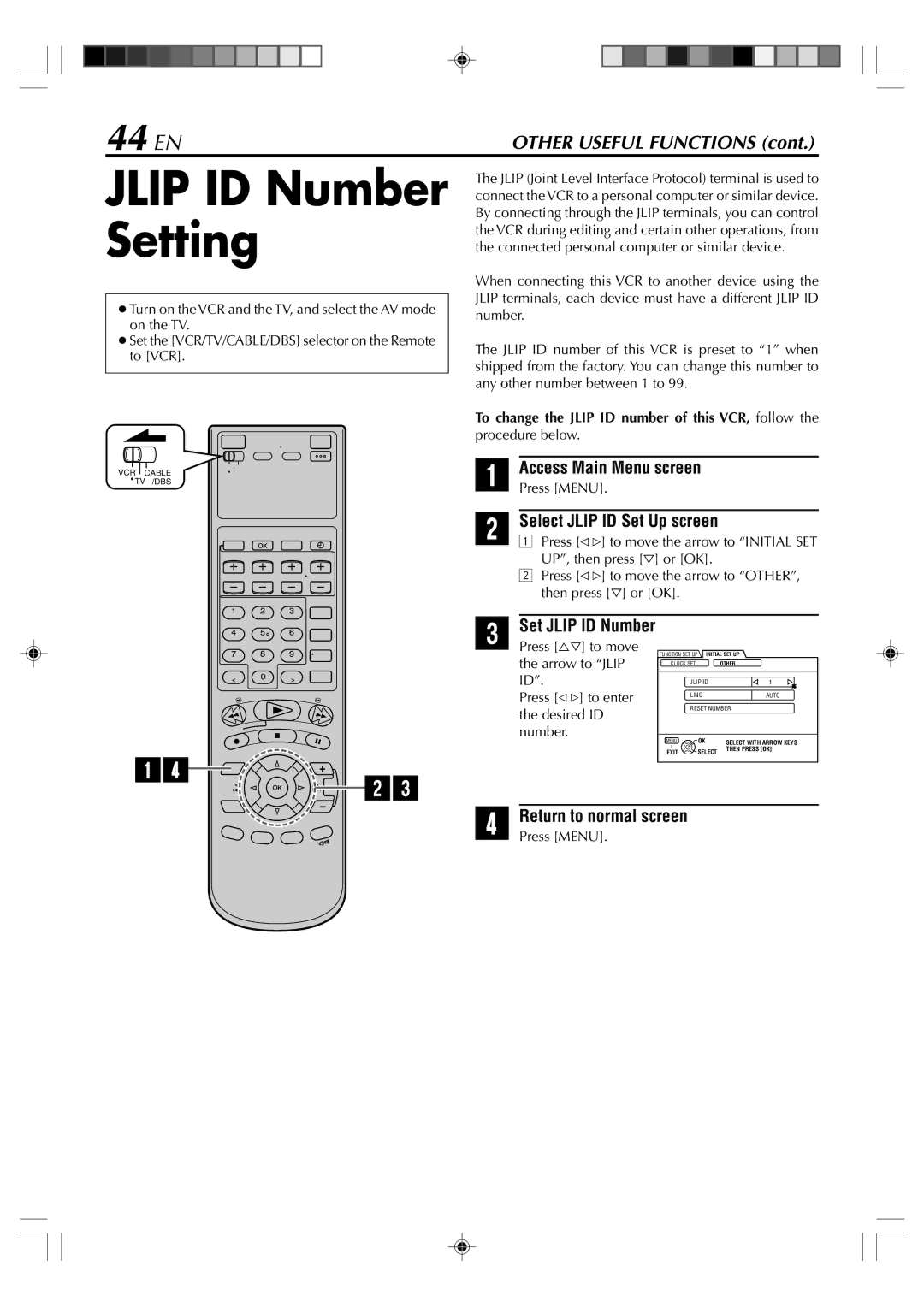 JVC SR-VD400E manual Jlip ID Number Setting, 44 EN, Select Jlip ID Set Up screen 