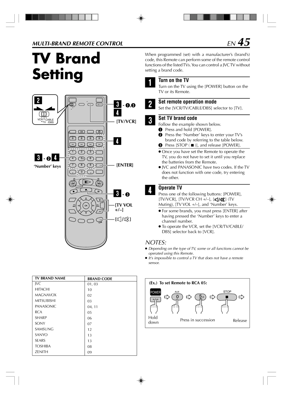 JVC SR-VD400E manual TV Brand, Setting, Turn on the TV, Set TV brand code, Operate TV 