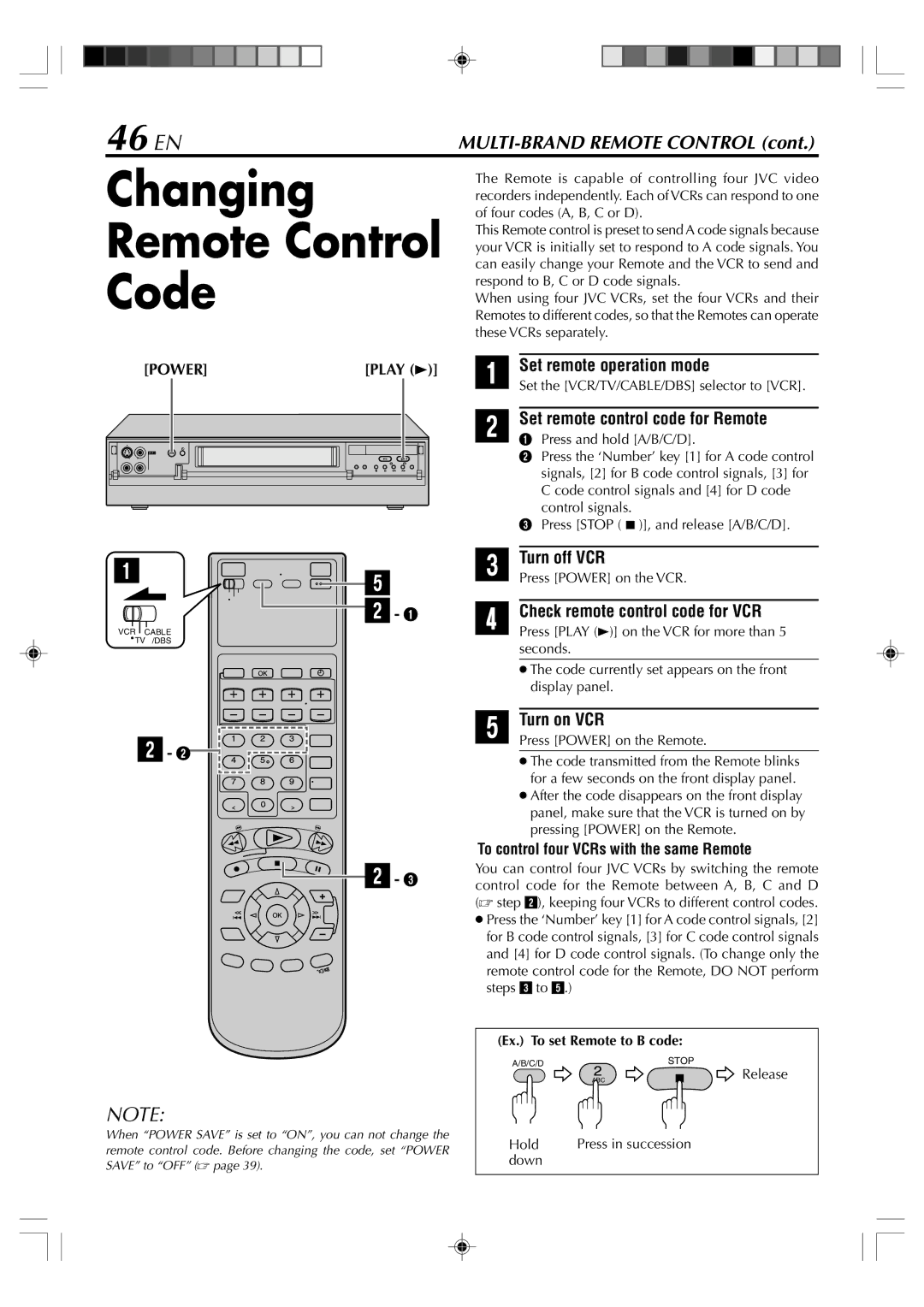 JVC SR-VD400E manual Changing Remote Control Code, 46 EN 