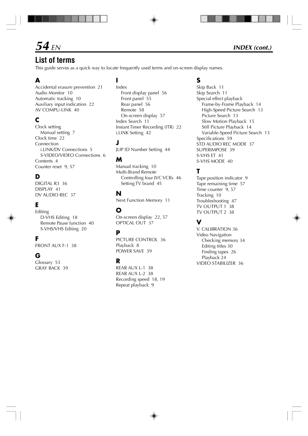 JVC SR-VD400E manual 54 EN, List of terms 