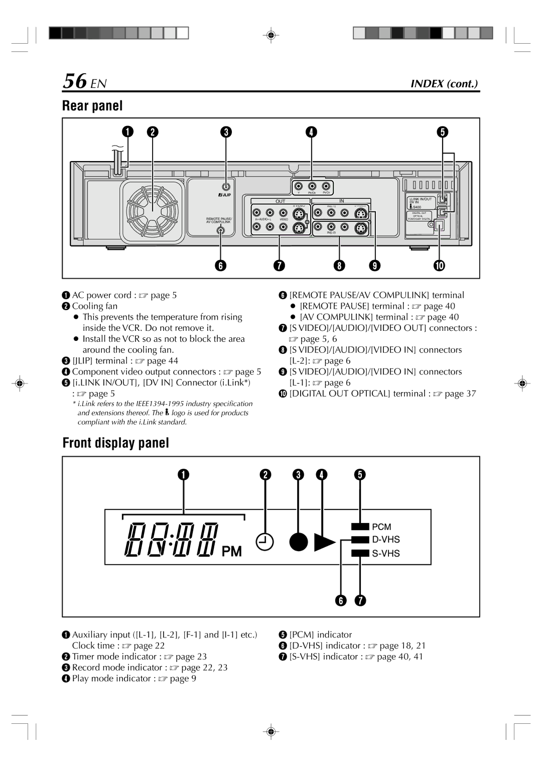 JVC SR-VD400E manual 56 EN, Rear panel, Front display panel 