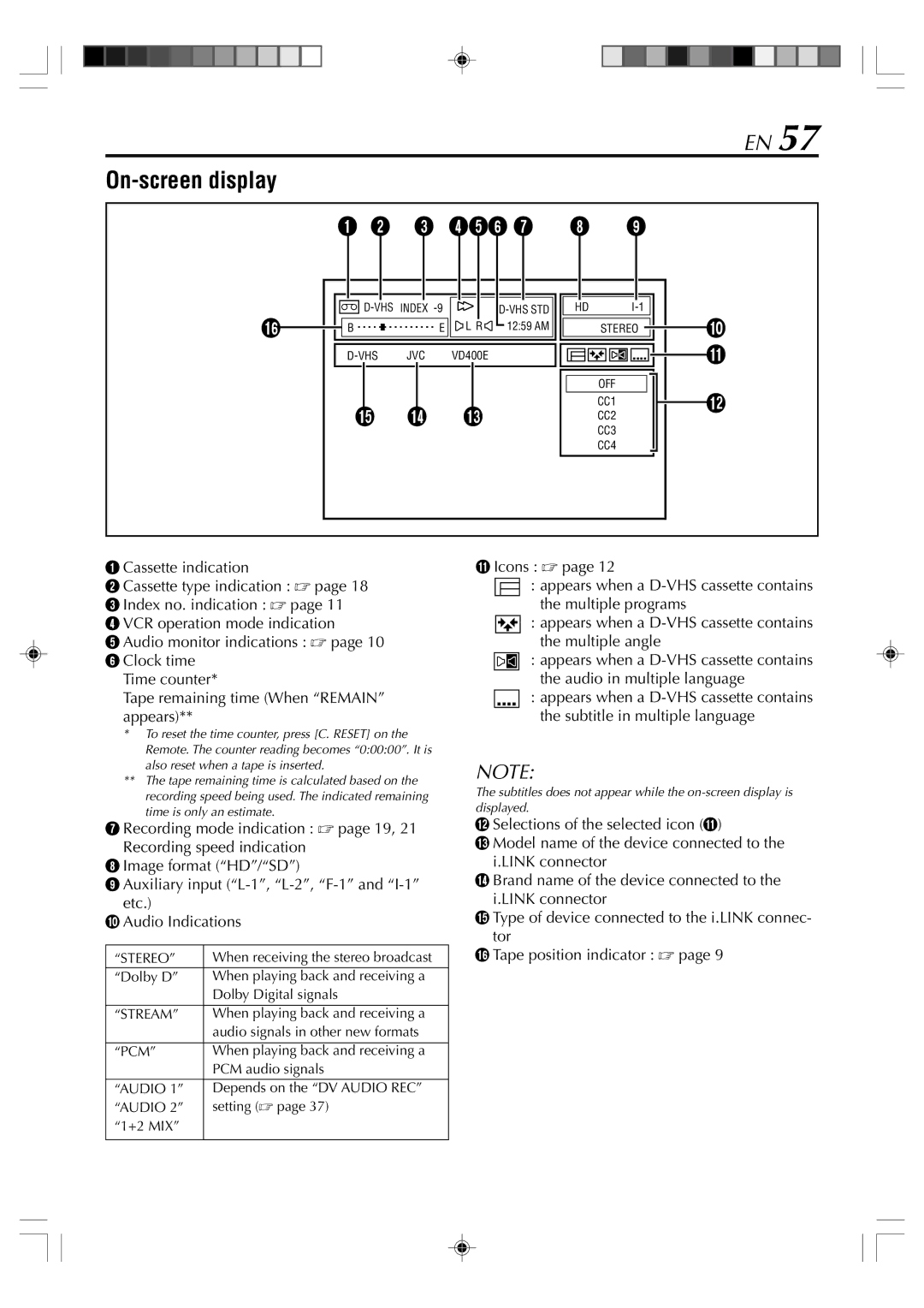 JVC SR-VD400E manual On-screen display 