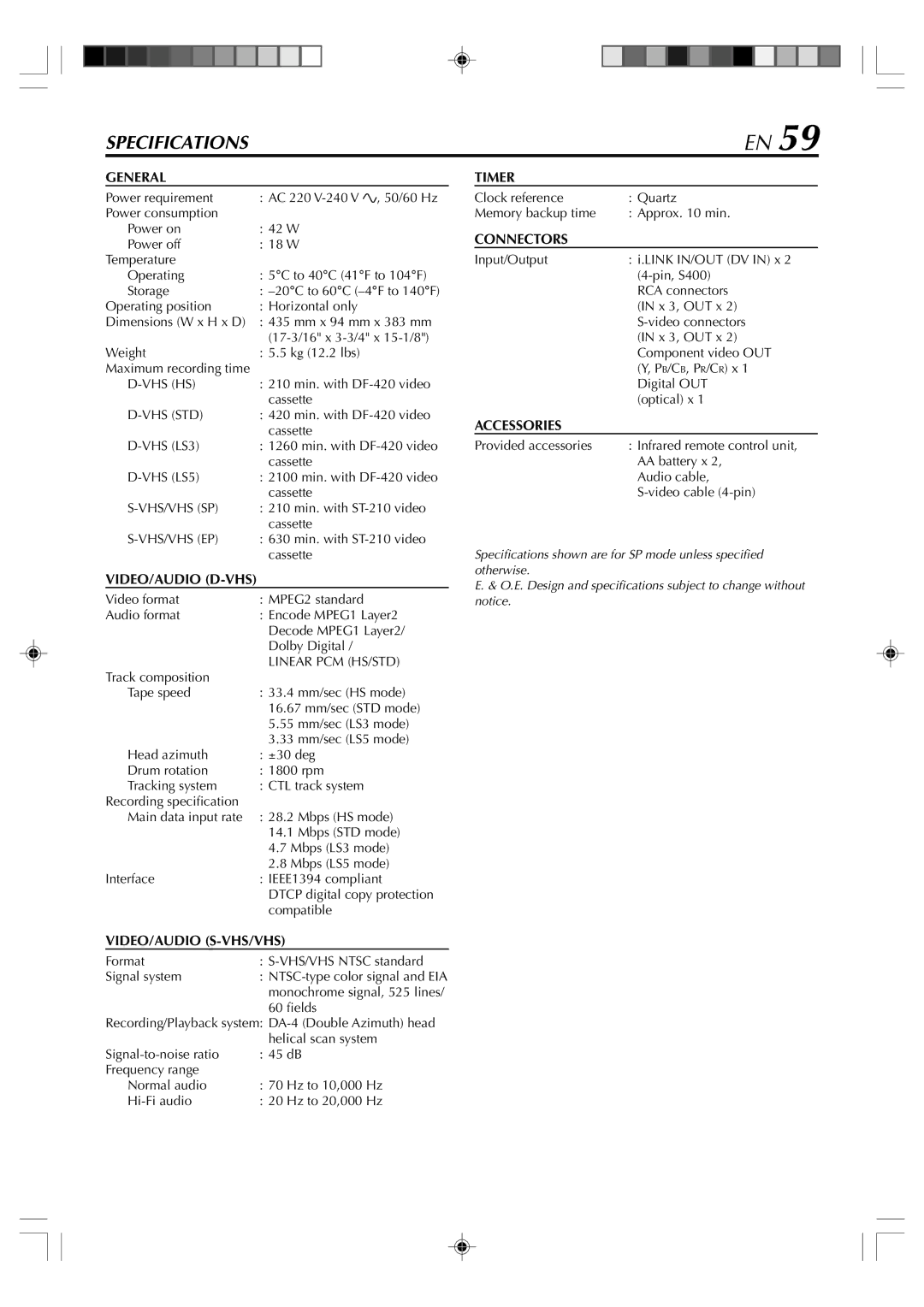 JVC SR-VD400E manual Specifications 