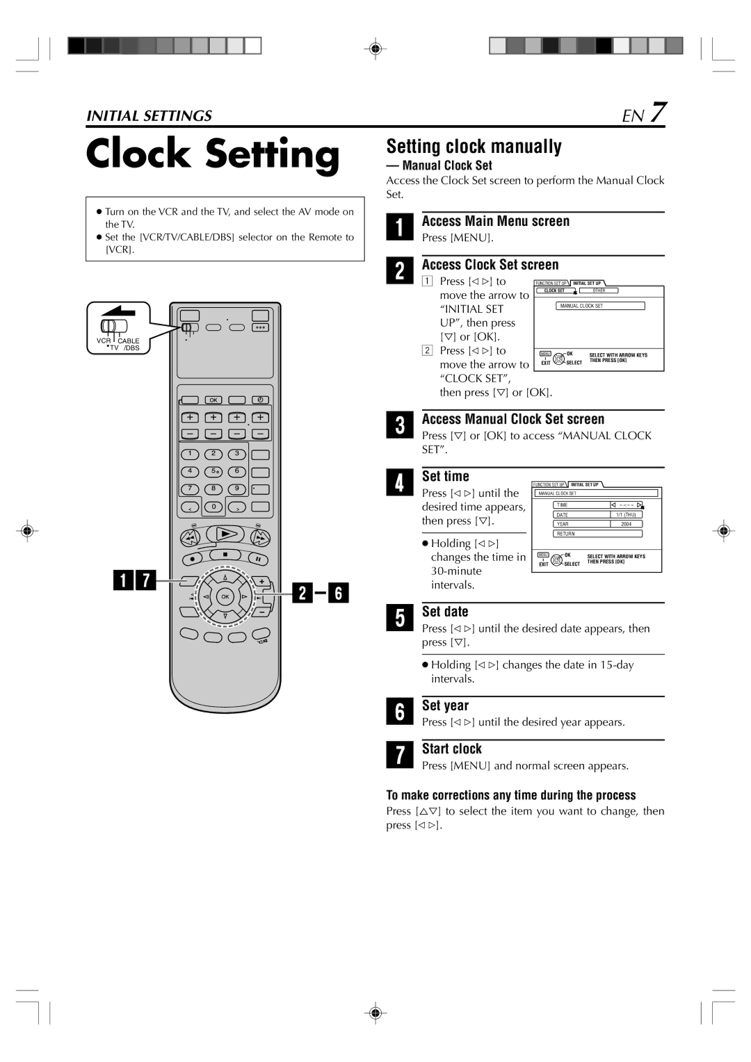 JVC SR-VD400E Clock Setting, Setting clock manually 