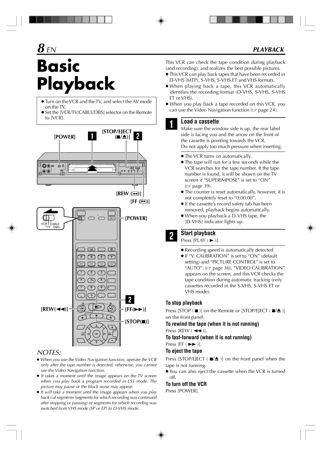 JVC SR-VD400E manual Basic Playback, Load a cassette, Start playback 