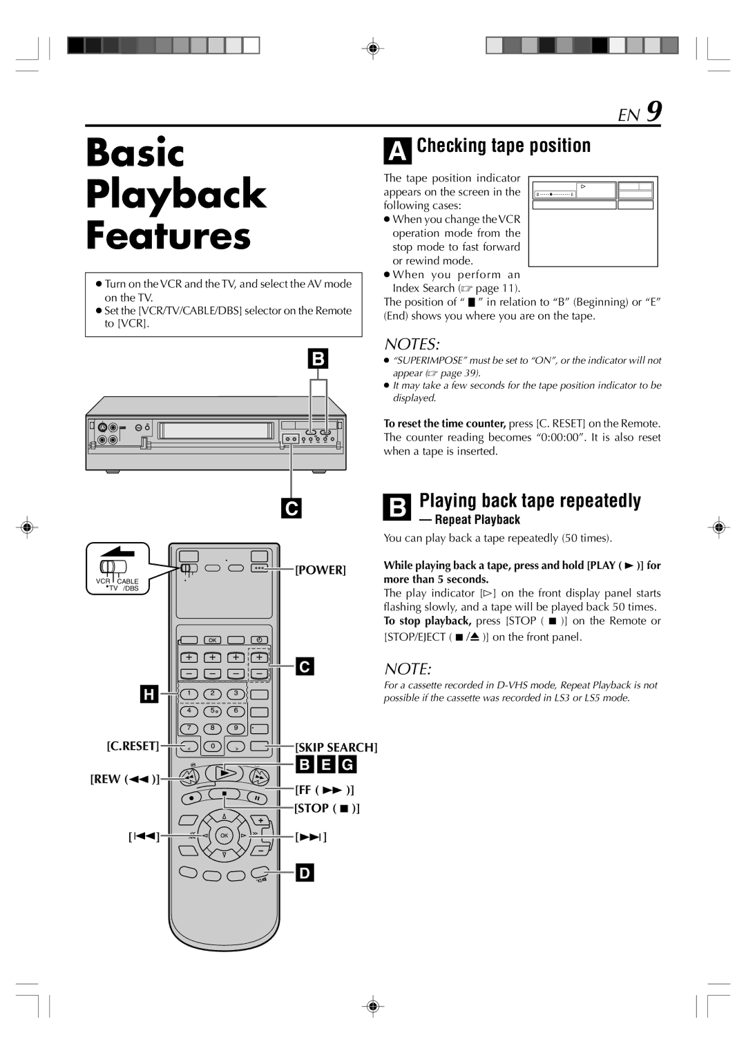 JVC SR-VD400E manual Basic Playback Features, Checking tape position, Playing back tape repeatedly, Repeat Playback 