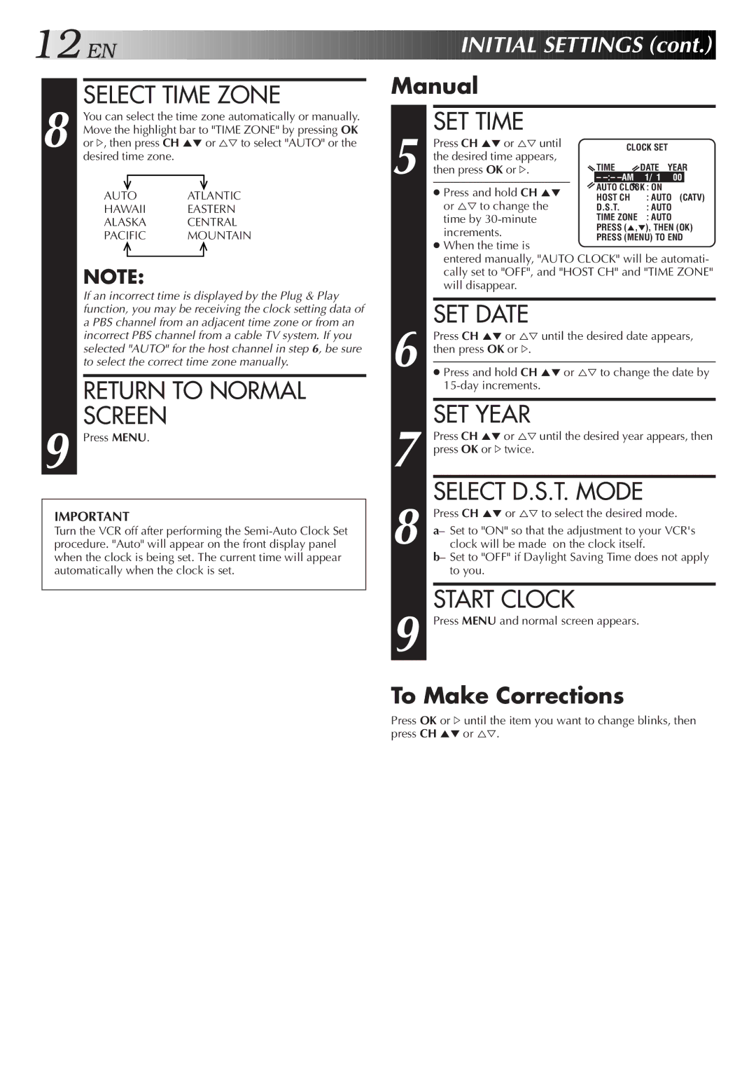 JVC SR-VS10U Select Time Zone, Return to Normal Screen, SET Time, SET Date, SET Year, Select D.S.T. Mode, Start Clock 