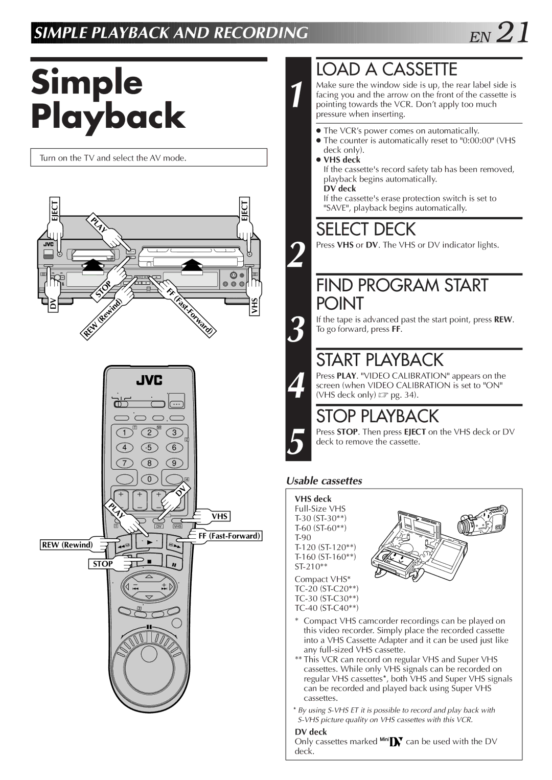 JVC SR-VS10U manual Simple Playback 