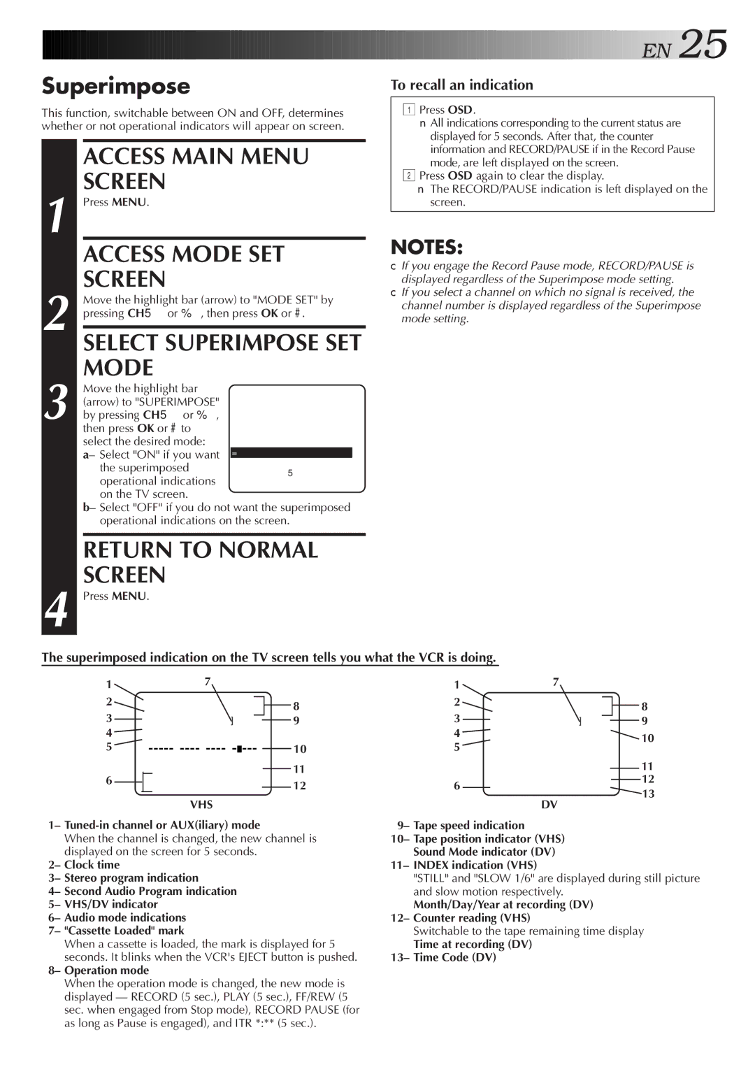 JVC SR-VS10U manual Access Mode SET Screen, Select Superimpose SET Mode, Vhs 
