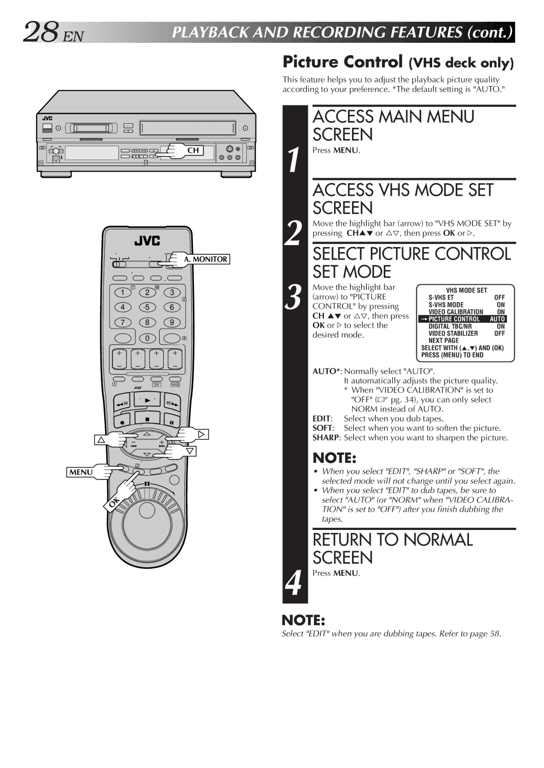 JVC SR-VS10U manual Picture Control VHS deck only 