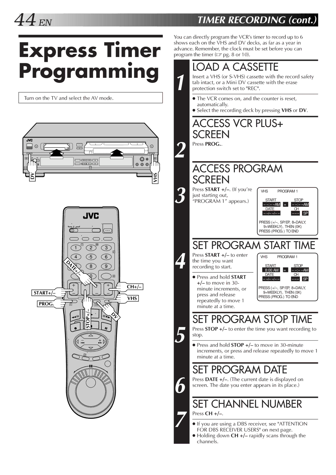 JVC SR-VS10U manual Express Timer Programming, SET Program Date, SET Channel Number 