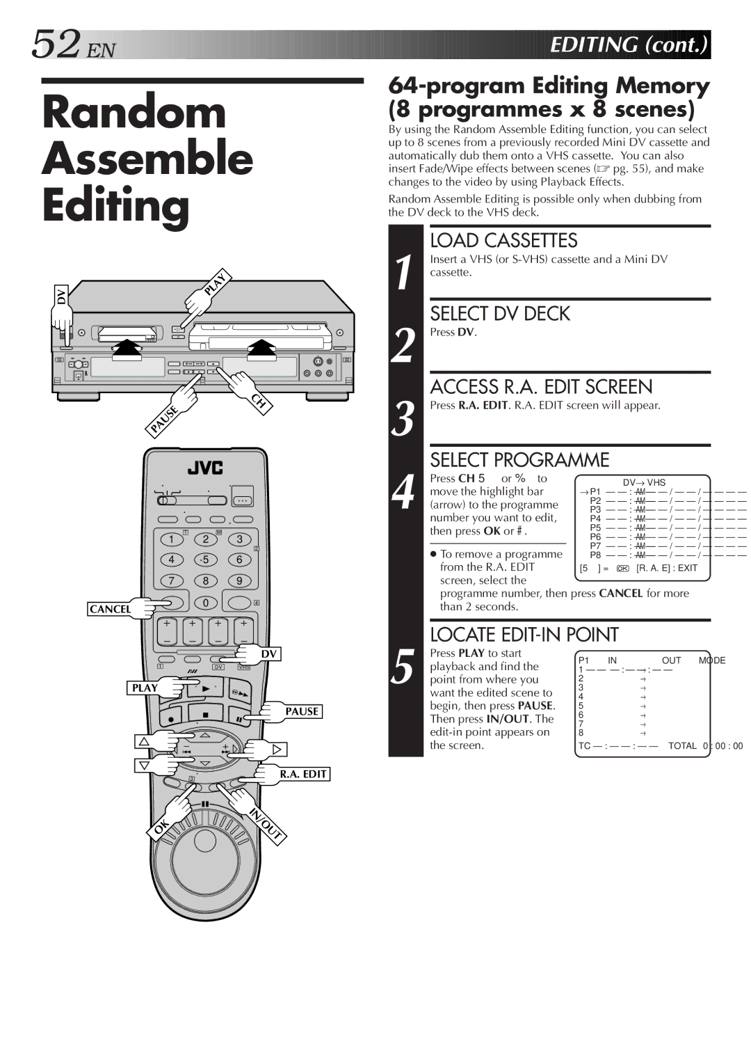 JVC SR-VS10U manual Random Assemble Editing, Program Editing Memory 8 programmes x 8 scenes, Locate EDIT-IN Point 