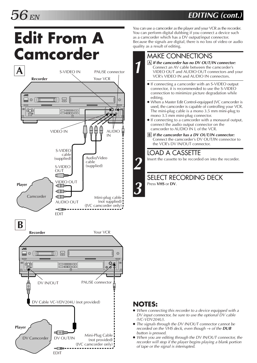 JVC SR-VS10U manual Edit From a Camcorder, Make Connections, Load a Cassette, Select Recording Deck 