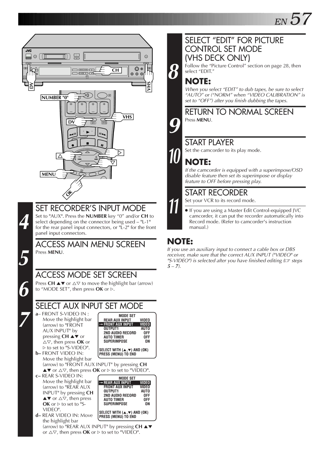 JVC SR-VS10U manual Select AUX Input SET Mode, Select Edit for Picture, Control SET Mode, VHS Deck only, Start Player 