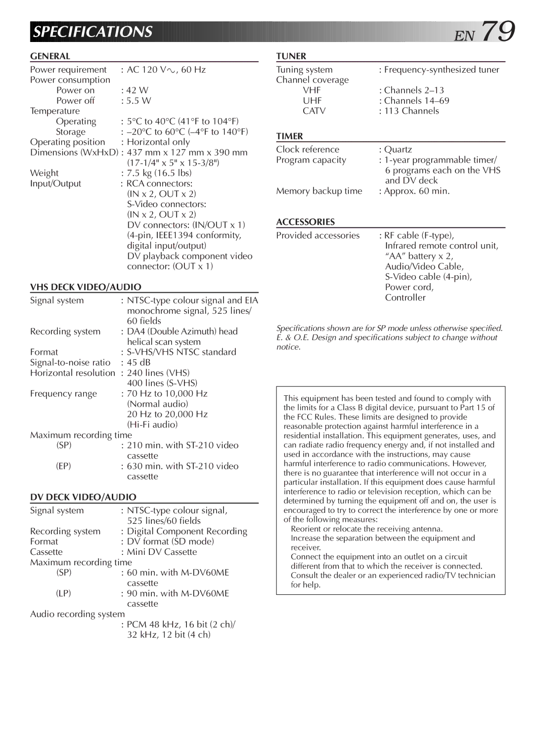 JVC SR-VS10U manual Speci Fications 