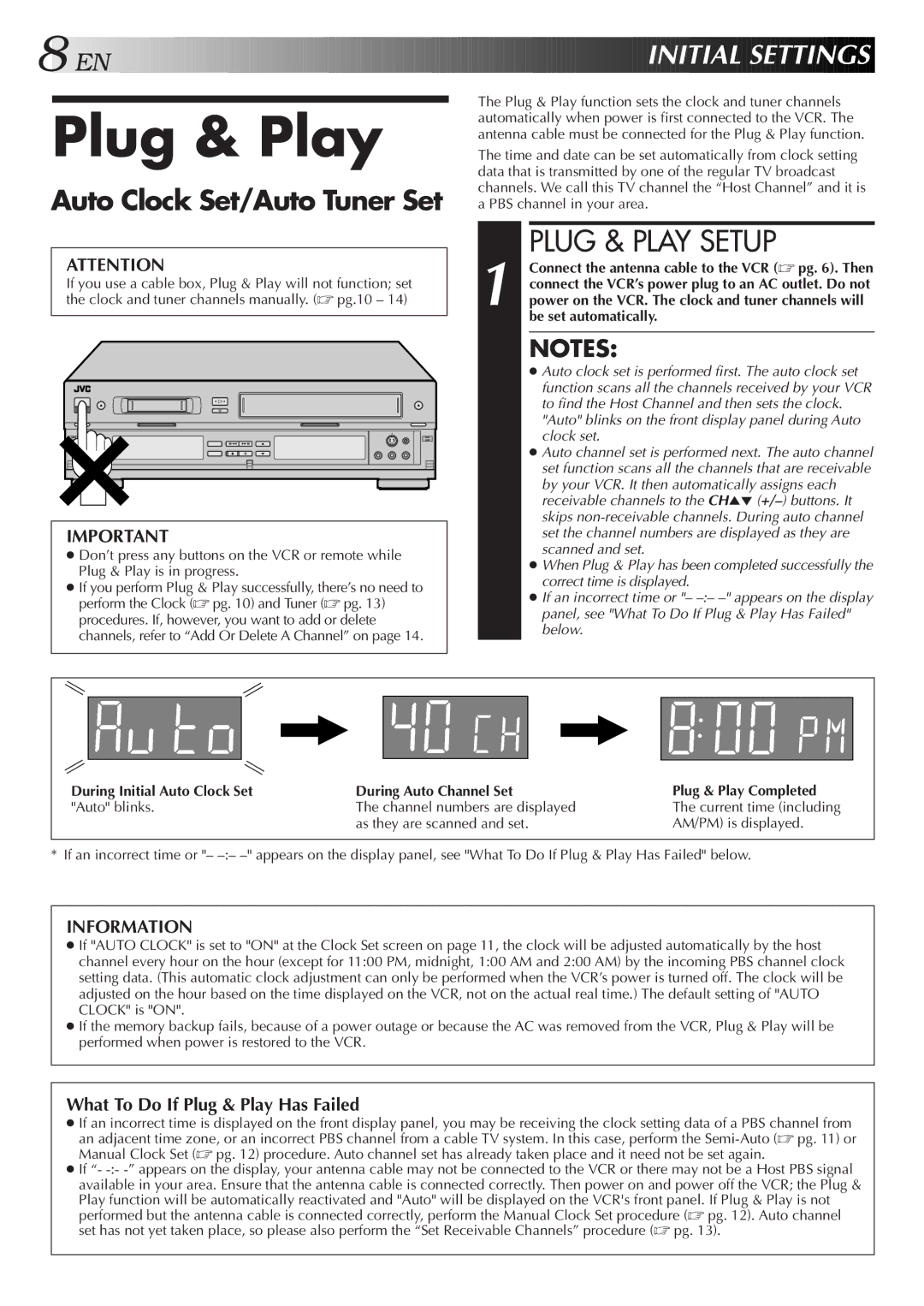 JVC SR-VS10U manual Plug & Play Setup, EN I Nitial Sett Ings, Auto Clock Set/Auto Tuner Set 