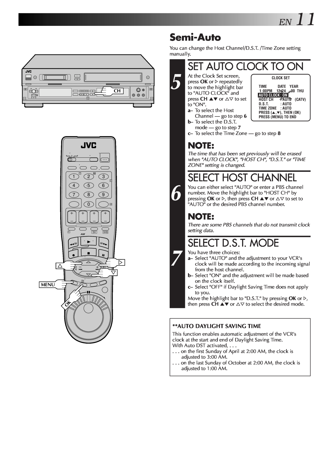 JVC SR-VS10U manual Set Auto Clock To On, Select Host Channel, Semi-Auto, Select D.S.T. Mode, EN11 