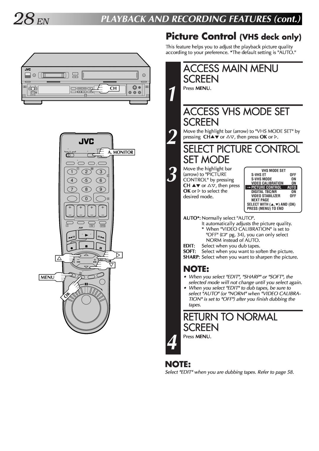 JVC SR-VS10U manual 28EN, Access Main Menu, Screen, Access Vhs Mode Set, Set Mode, Picture Control VHS deck only 