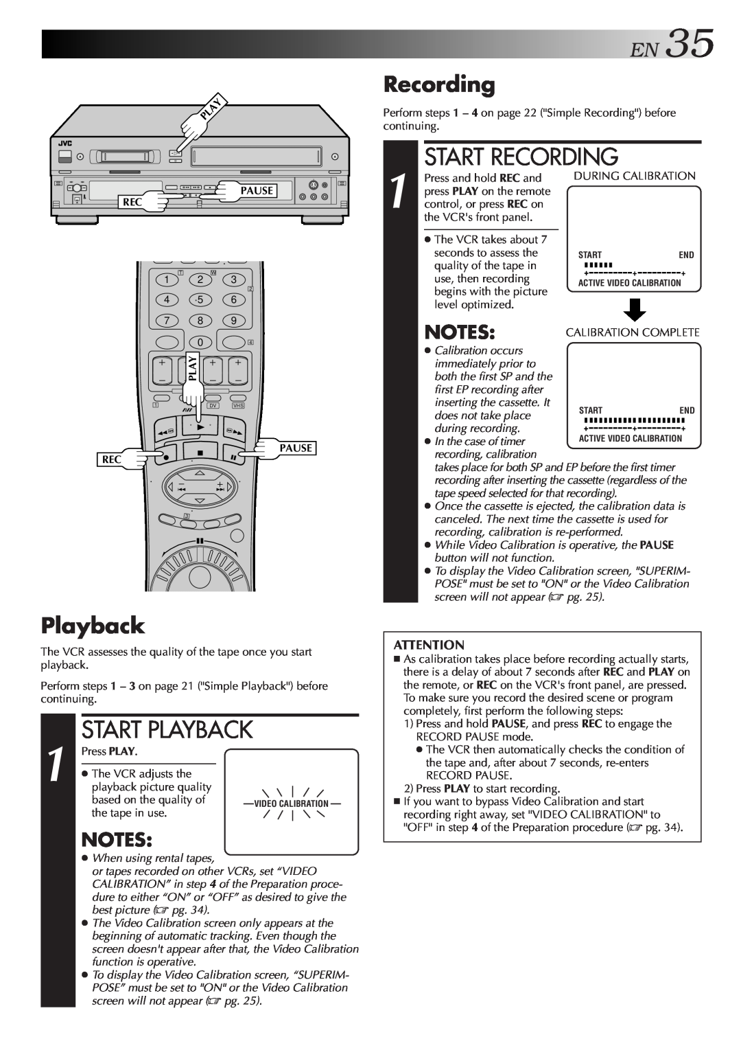 JVC SR-VS10U manual EN35, Start Playback, Start Recording, Notes 