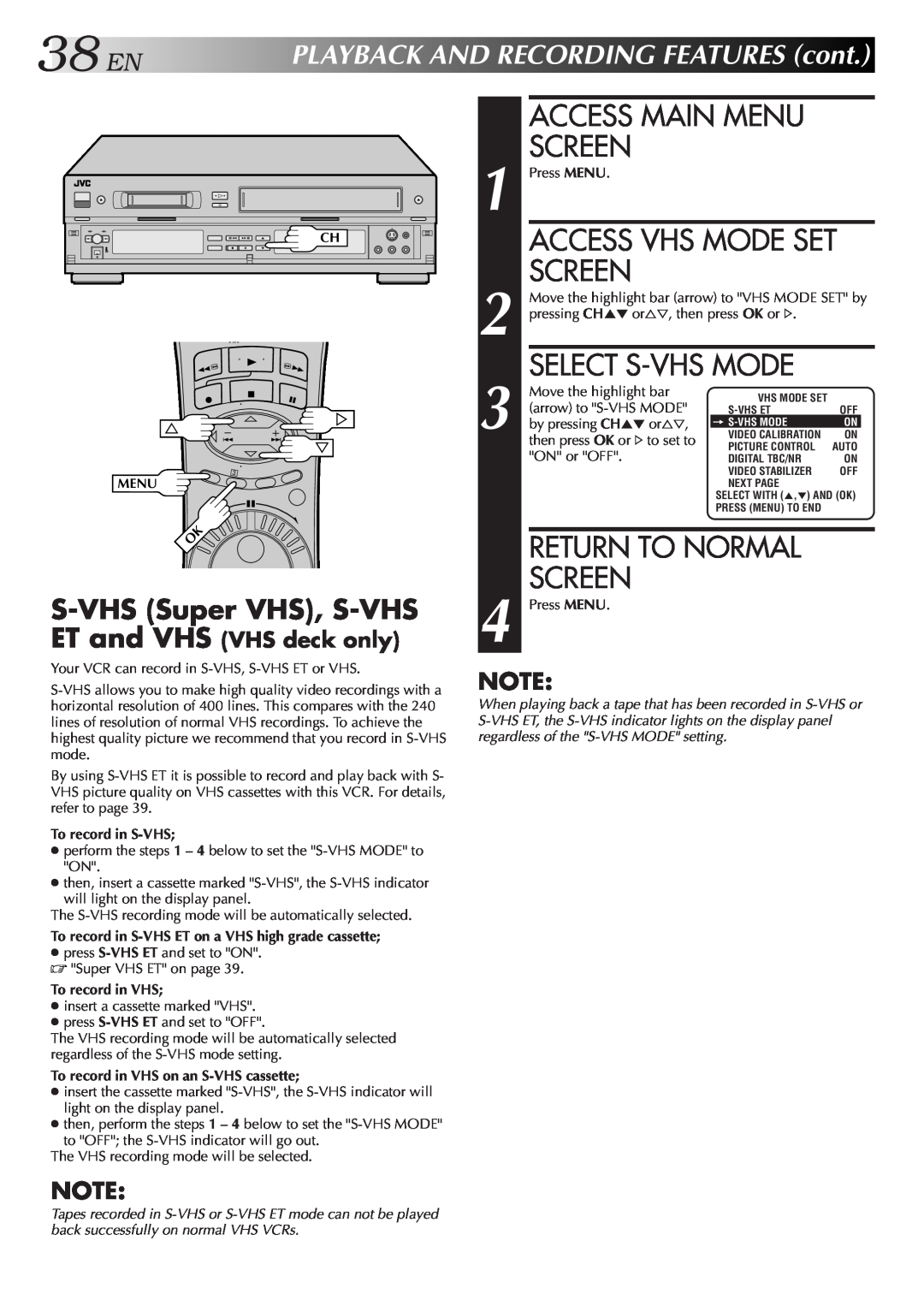 JVC SR-VS10U manual 38EN, Access Vhs Mode Set, Select S-Vhsmode, S-VHSSuper VHS, S-VHS, ET and VHS VHS deck only, Screen 