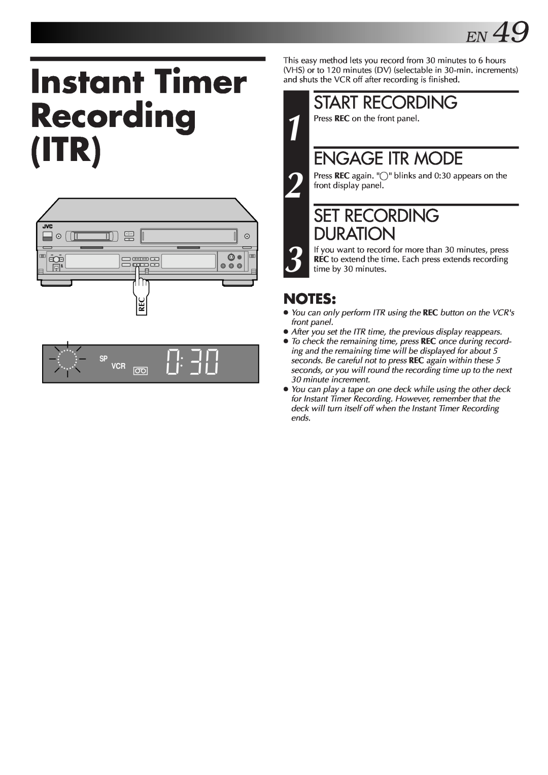 JVC SR-VS10U manual Instant Timer Recording ITR, Engage Itr Mode, Set Recording Duration, EN49, Start Recording 