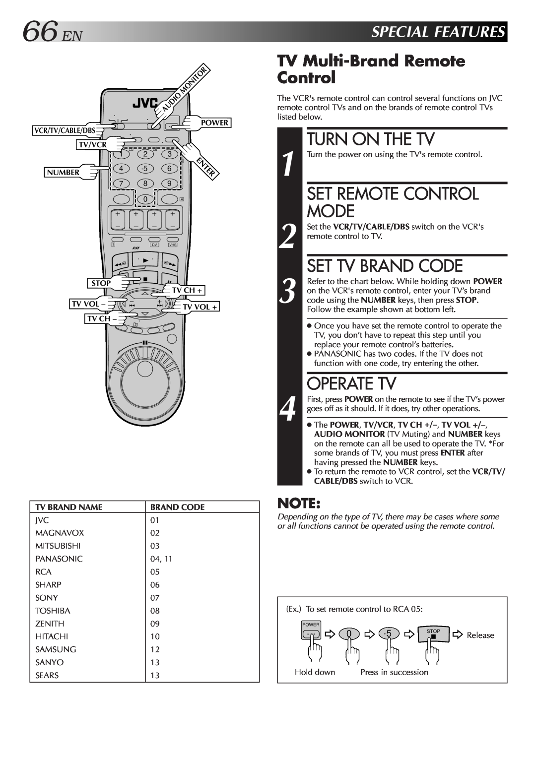 JVC SR-VS10U manual 66EN, Turn On The Tv, Set Remote Control Mode, Set Tv Brand Code, Operate Tv, Specialfeatures 