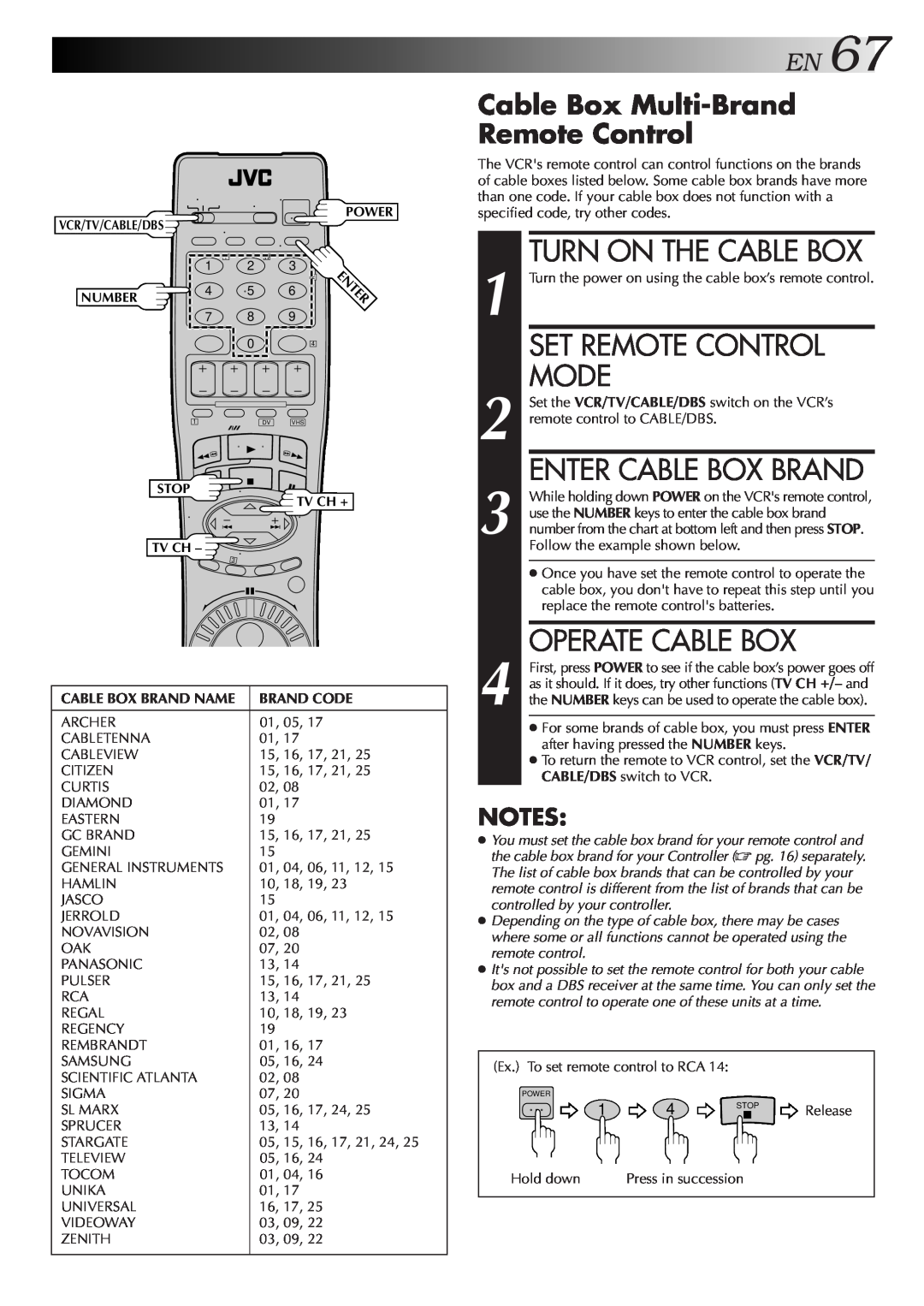JVC SR-VS10U Turn On The Cable Box, Operate Cable Box, Cable Box Multi-Brand Remote Control, EN67, Set Remote Control Mode 