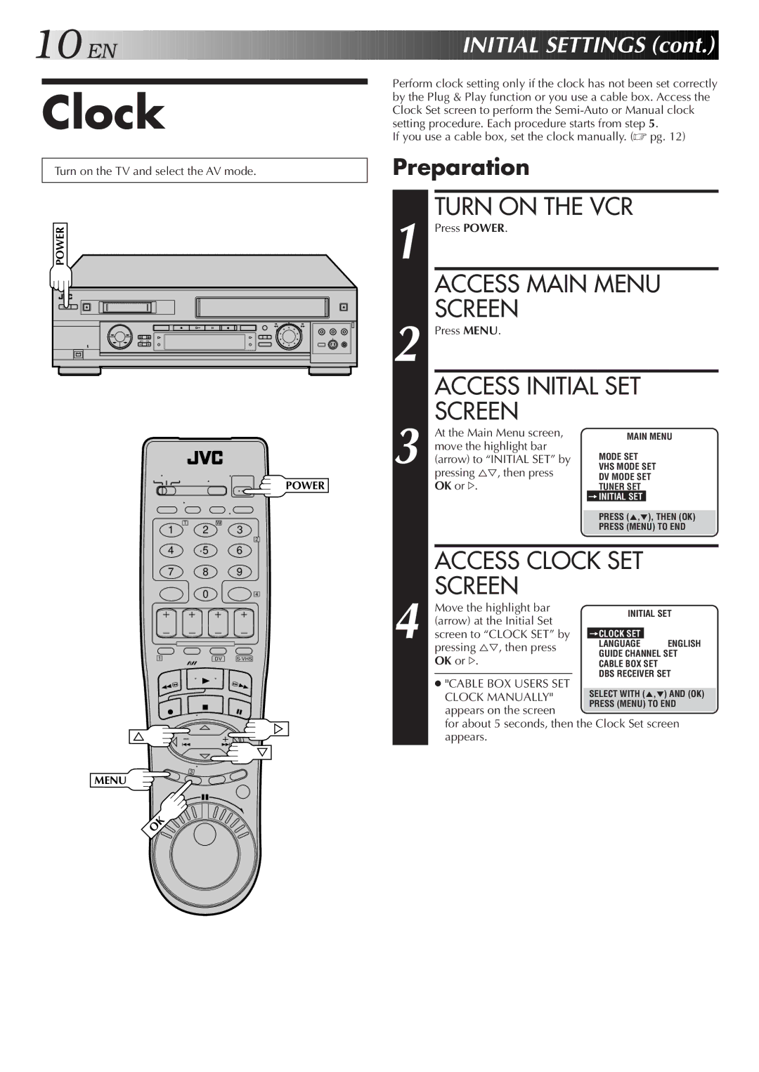 JVC SR-VS20U manual Access Main Menu Screen, Access Initial SET Screen, Access Clock SET Screen, EN Initial Settings 