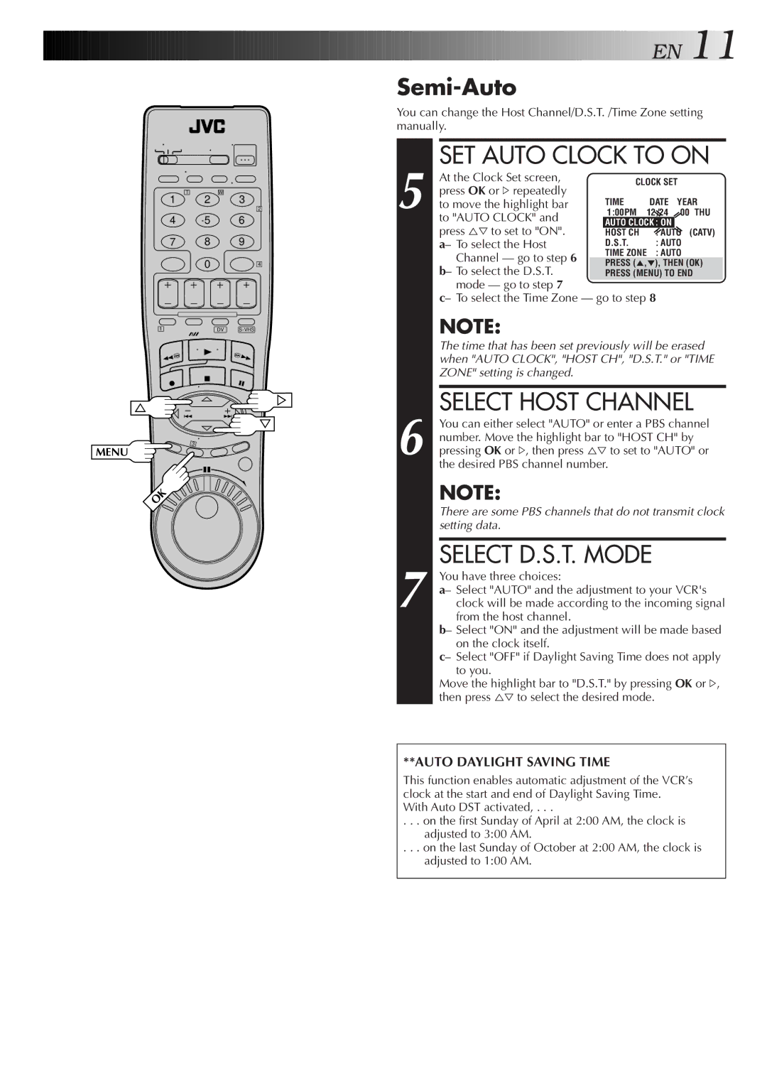 JVC SR-VS20U manual SET Auto Clock to on, Select Host Channel, Semi-Auto 