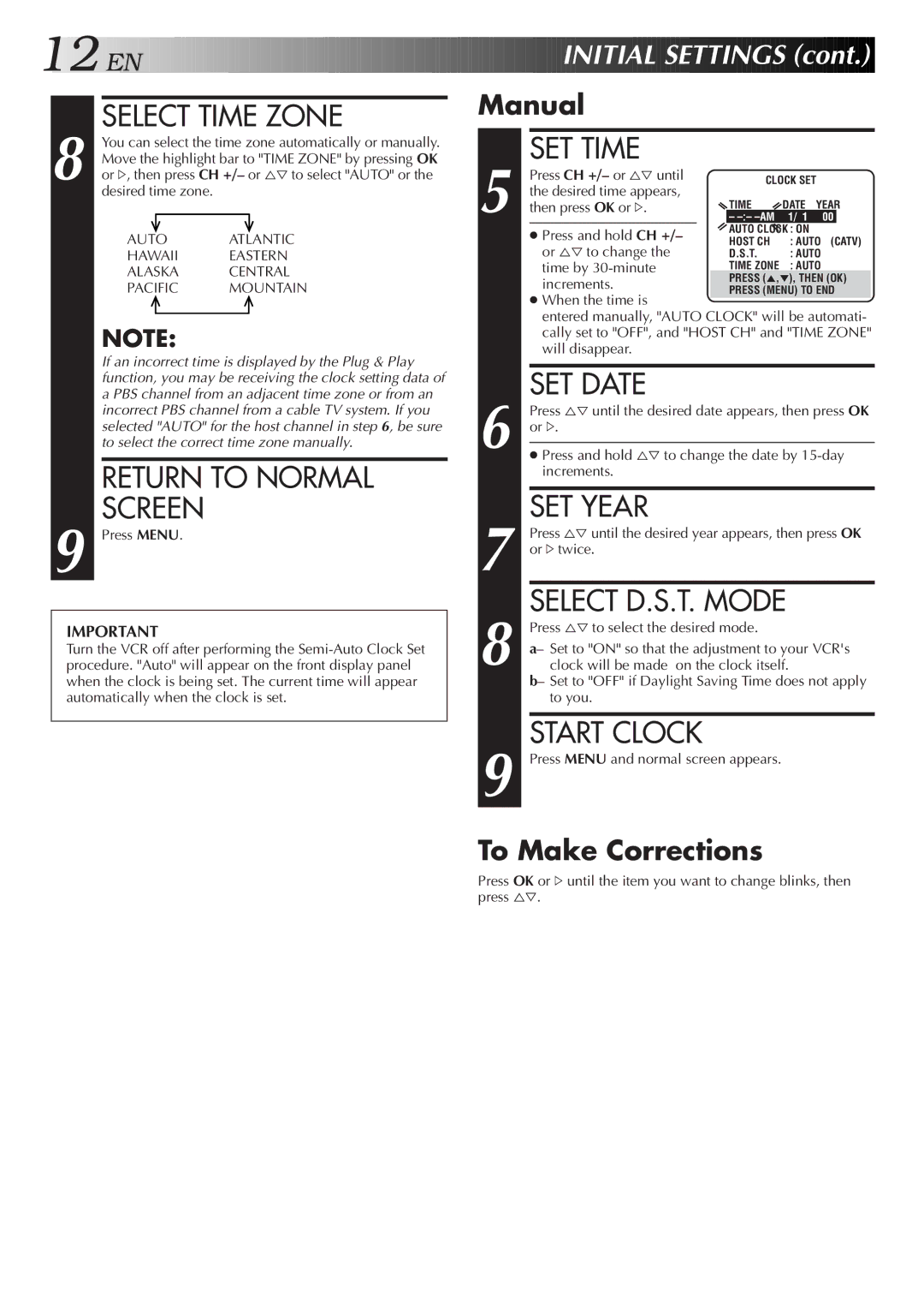 JVC SR-VS20U Select Time Zone, Return to Normal Screen, SET Time, SET Date, SET Year, Select D.S.T. Mode, Start Clock 